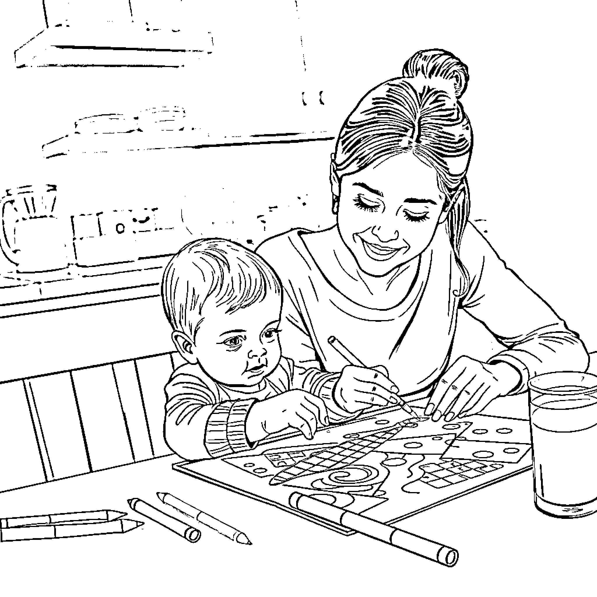 Child and mother creating art together Coloring Page (free black-and-white line drawing printable PDF for all, from beginners to advanced learners, including children, teens, adults, and seniors)