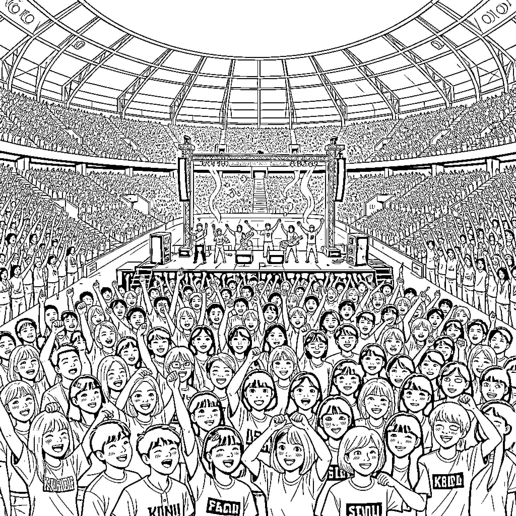 Kpop fans excited at a lively concert performance Coloring Page (free black-and-white line drawing printable PDF for all, from beginners to advanced learners, including children, teens, adults, and seniors)