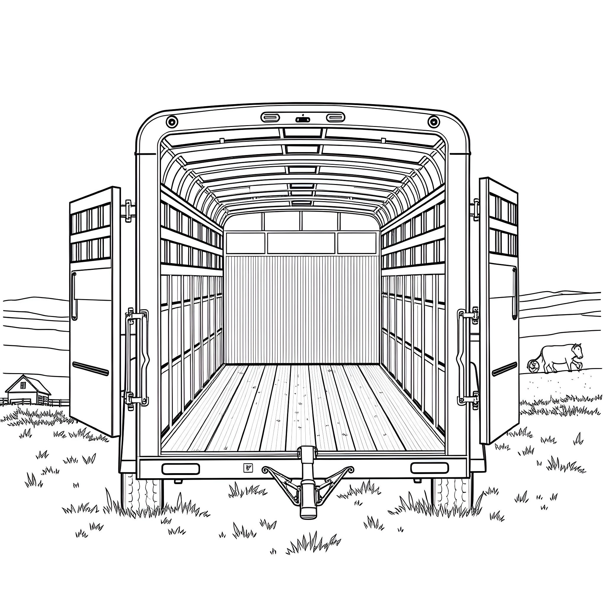 Gooseneck Trailer transported to rural farmland Coloring Page (free black-and-white line drawing printable PDF for all, from beginners to advanced learners, including children, teens, adults, and seniors)