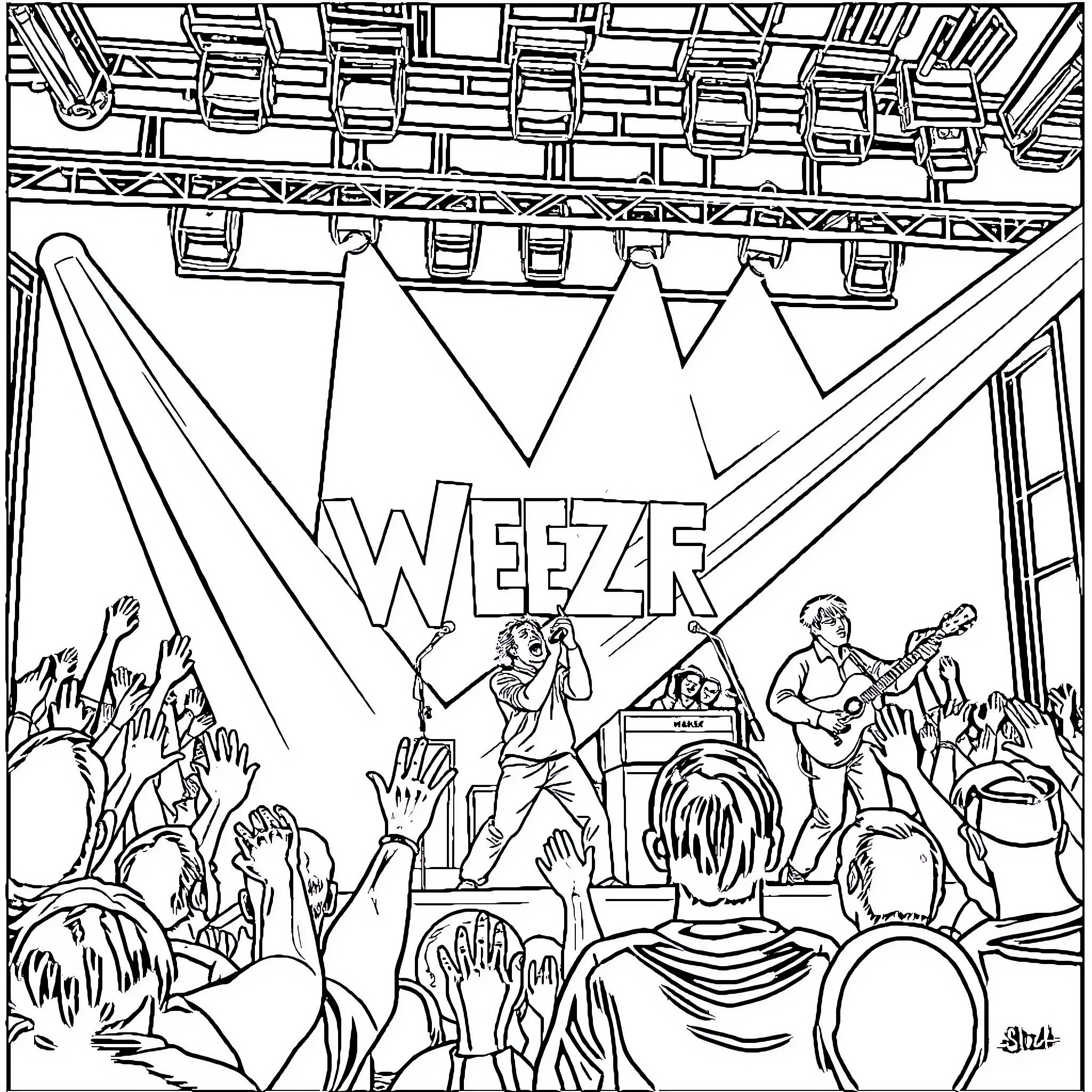 Weezer band performing on stage with enthusiastic crowd Coloring Page (free black-and-white line drawing printable PDF for all, from beginners to advanced learners, including children, teens, adults, and seniors)