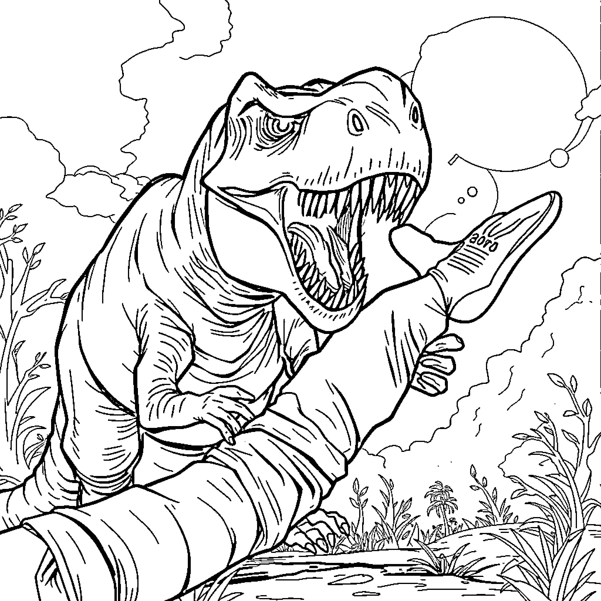 Dinosaur roaring ferociously in the wilderness Coloring Page (free black-and-white line drawing printable PDF for all, from beginners to advanced learners, including children, teens, adults, and seniors)