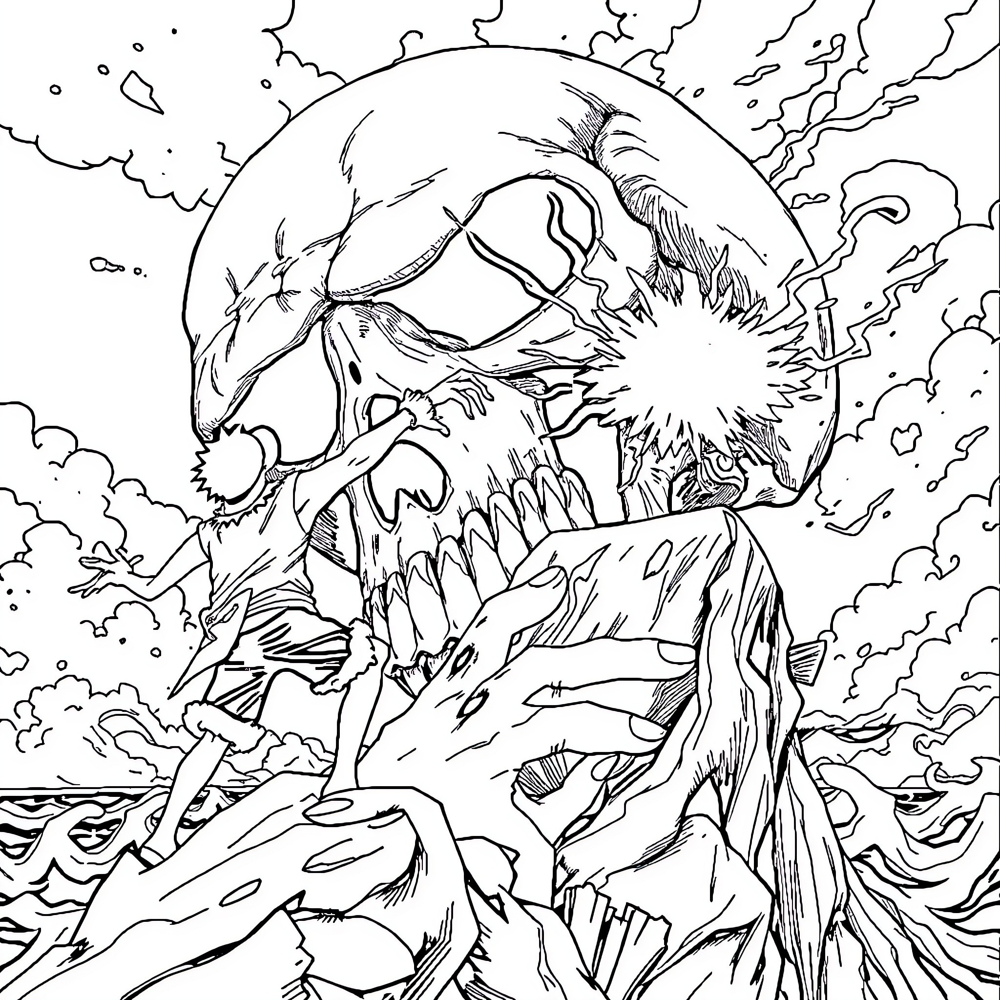 Luffy battling a monstrous creature Coloring Page (free black-and-white line drawing printable PDF for all, from beginners to advanced learners, including children, teens, adults, and seniors)