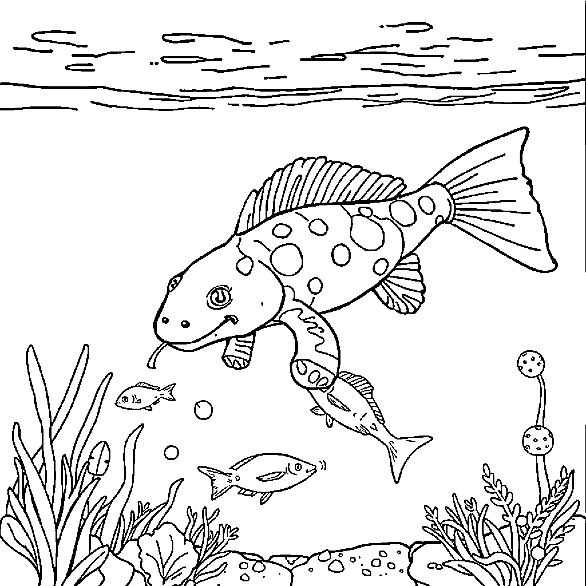 Axolotl exploring the underwater world Coloring Page (free black-and-white line drawing printable PDF for all, from beginners to advanced learners, including children, teens, adults, and seniors)