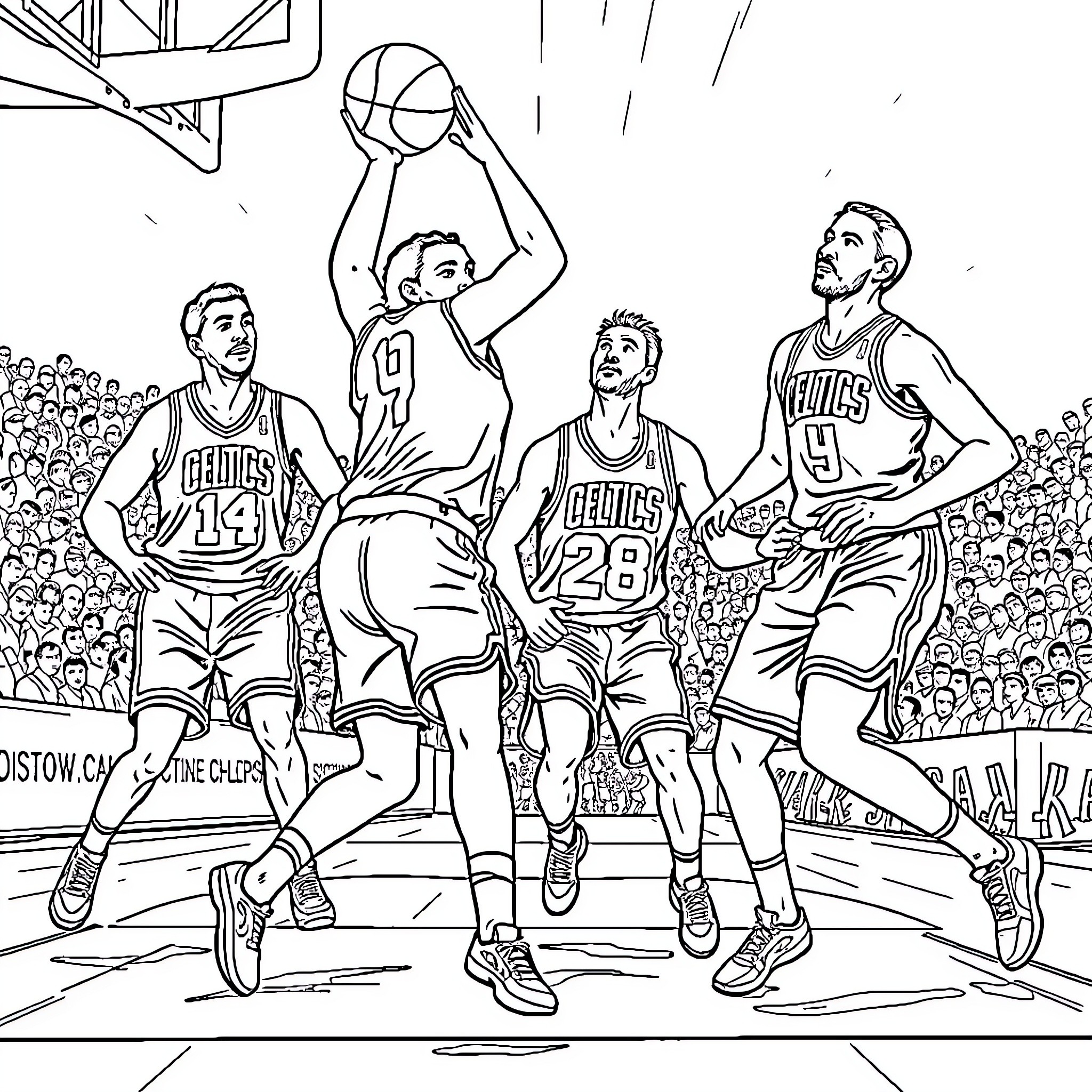 Boston Celtics players in intense basketball game action Coloring Page (free black-and-white line drawing printable PDF for all, from beginners to advanced learners, including children, teens, adults, and seniors)