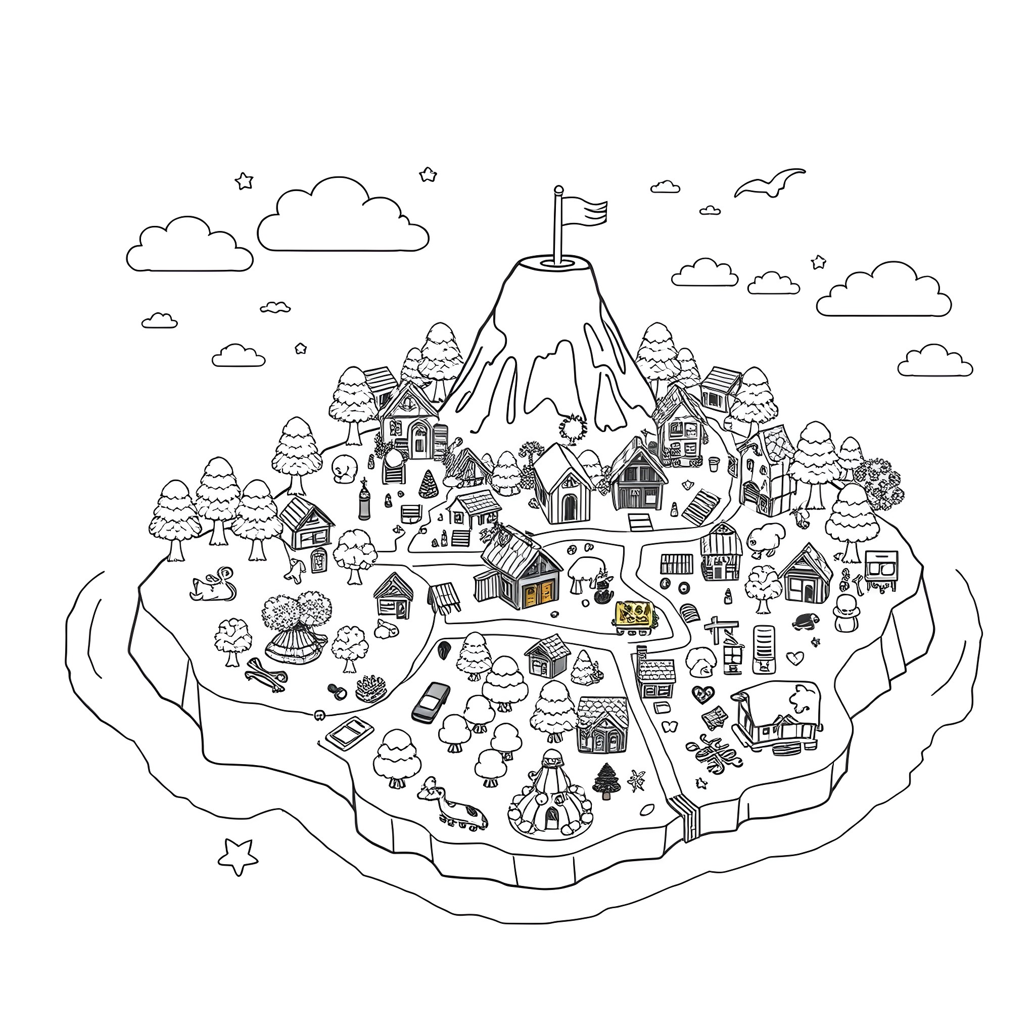 Animal Crossing: Idyllic Town with Whimsical Structures Coloring Page (free black-and-white line drawing printable PDF for all, from beginners to advanced learners, including children, teens, adults, and seniors)