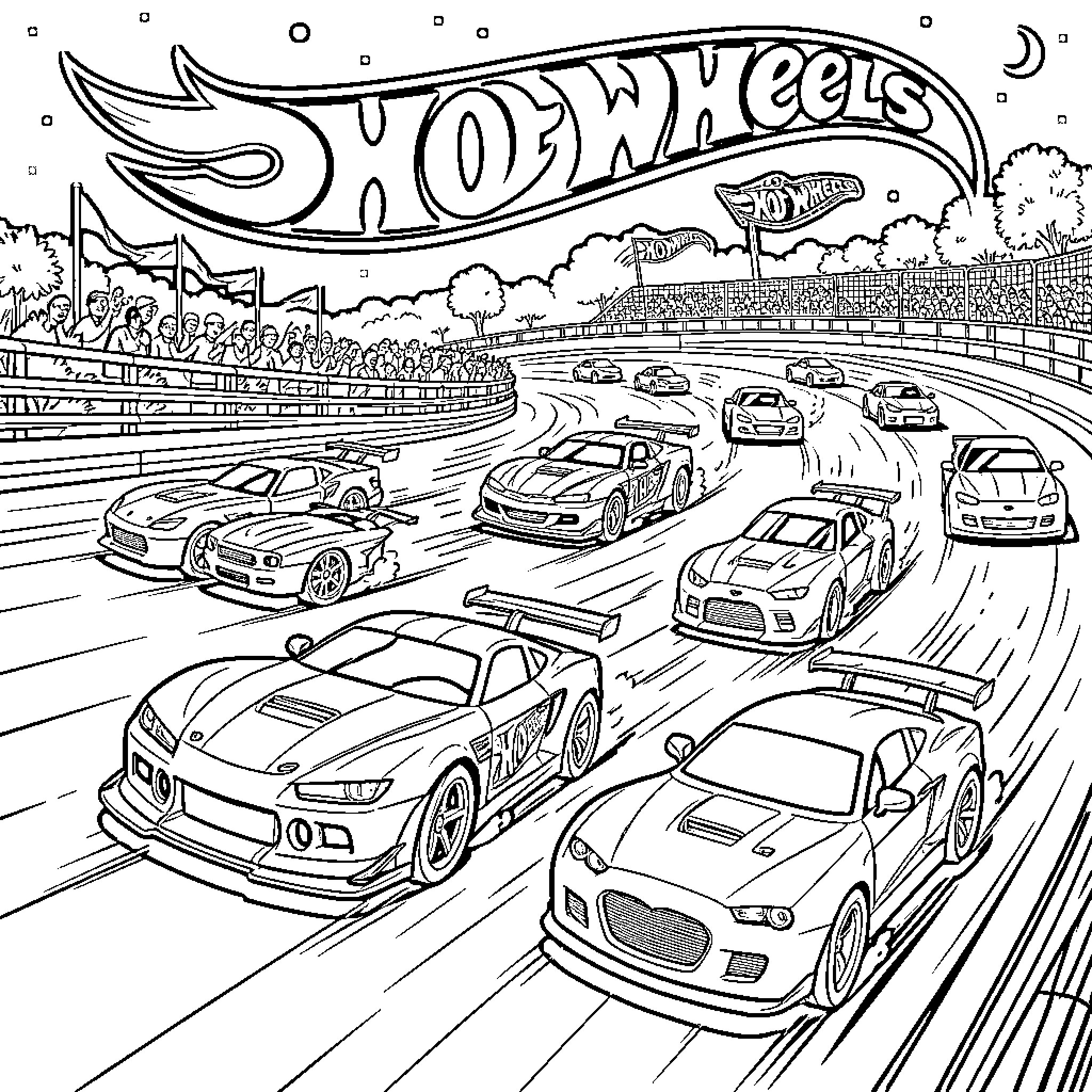 Hot Wheels race cars speeding around a track Coloring Page (free black-and-white line drawing printable PDF for all, from beginners to advanced learners, including children, teens, adults, and seniors)