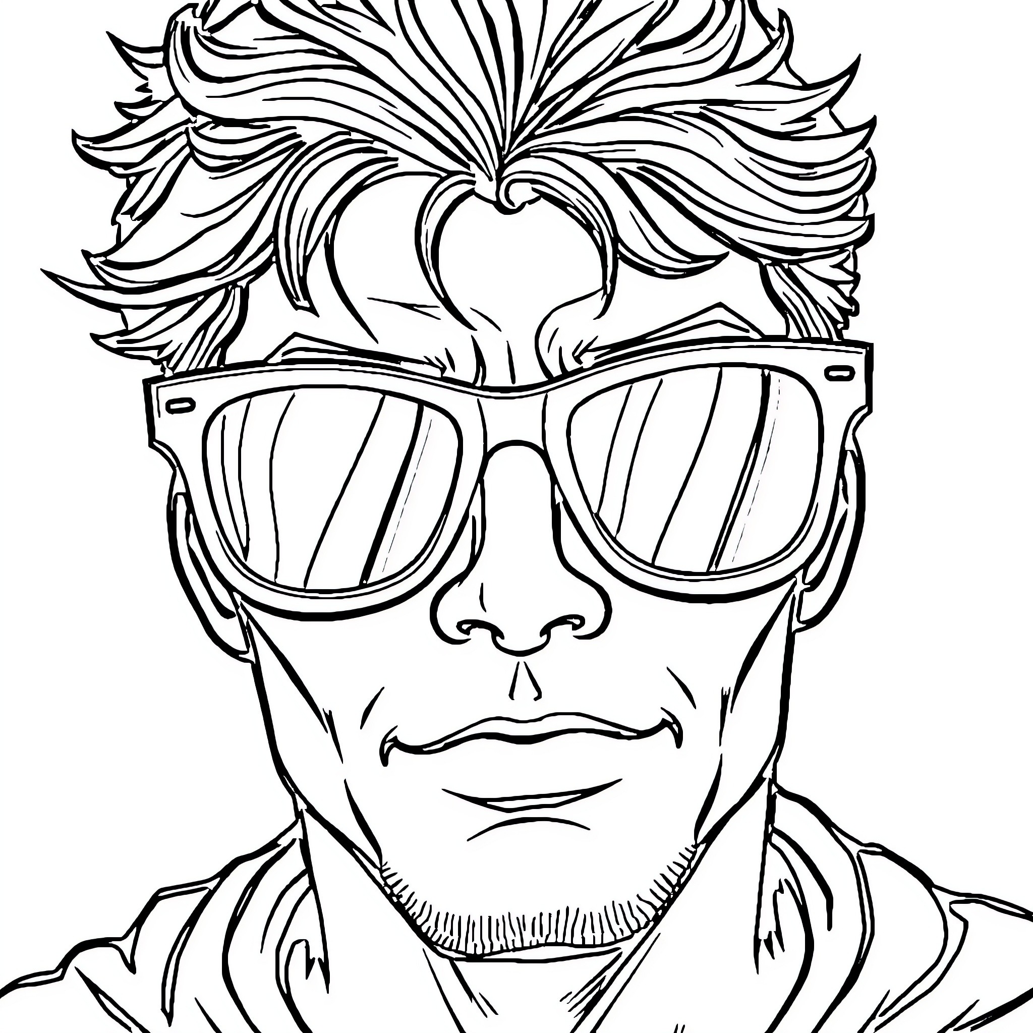 Sunglasses wearing man with stylized hair Coloring Page (free black-and-white line drawing printable PDF for all, from beginners to advanced learners, including children, teens, adults, and seniors)