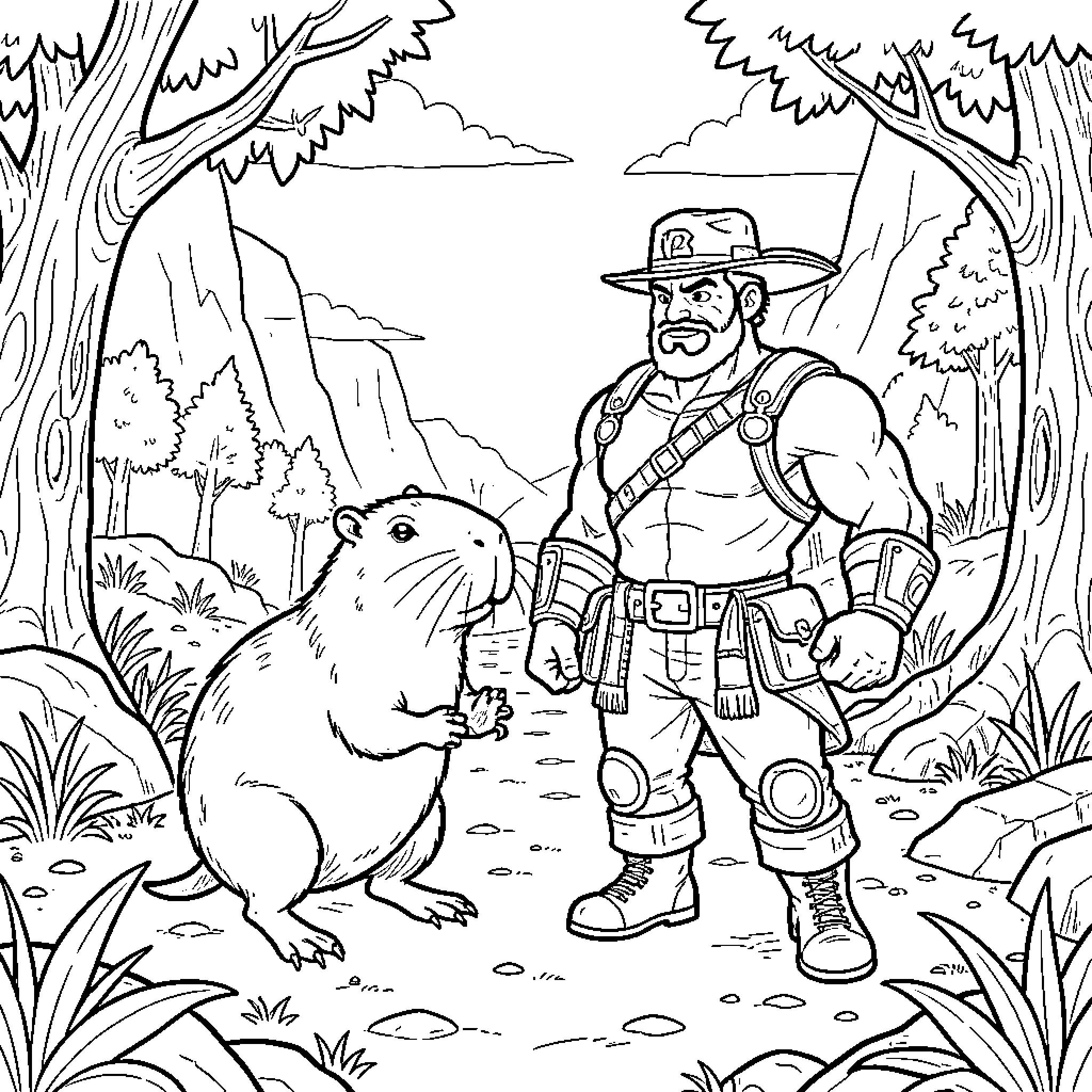 Capybara looking up at a muscular explorer in nature Coloring Page (free black-and-white line drawing printable PDF for all, from beginners to advanced learners, including children, teens, adults, and seniors)