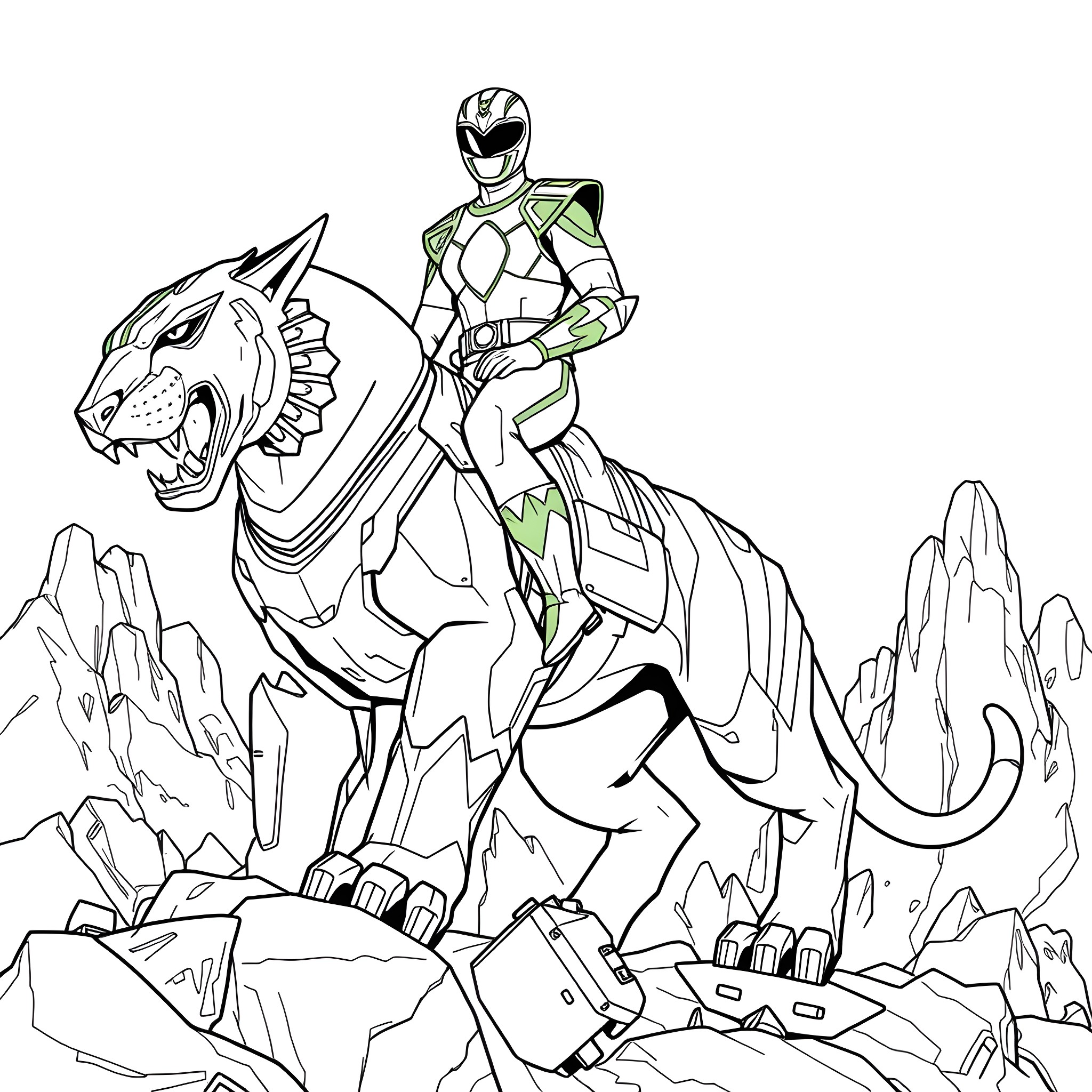 Power Ranger Riding a Fierce Zord Through Rocky Terrain Coloring Page (free black-and-white line drawing printable PDF for all, from beginners to advanced learners, including children, teens, adults, and seniors)