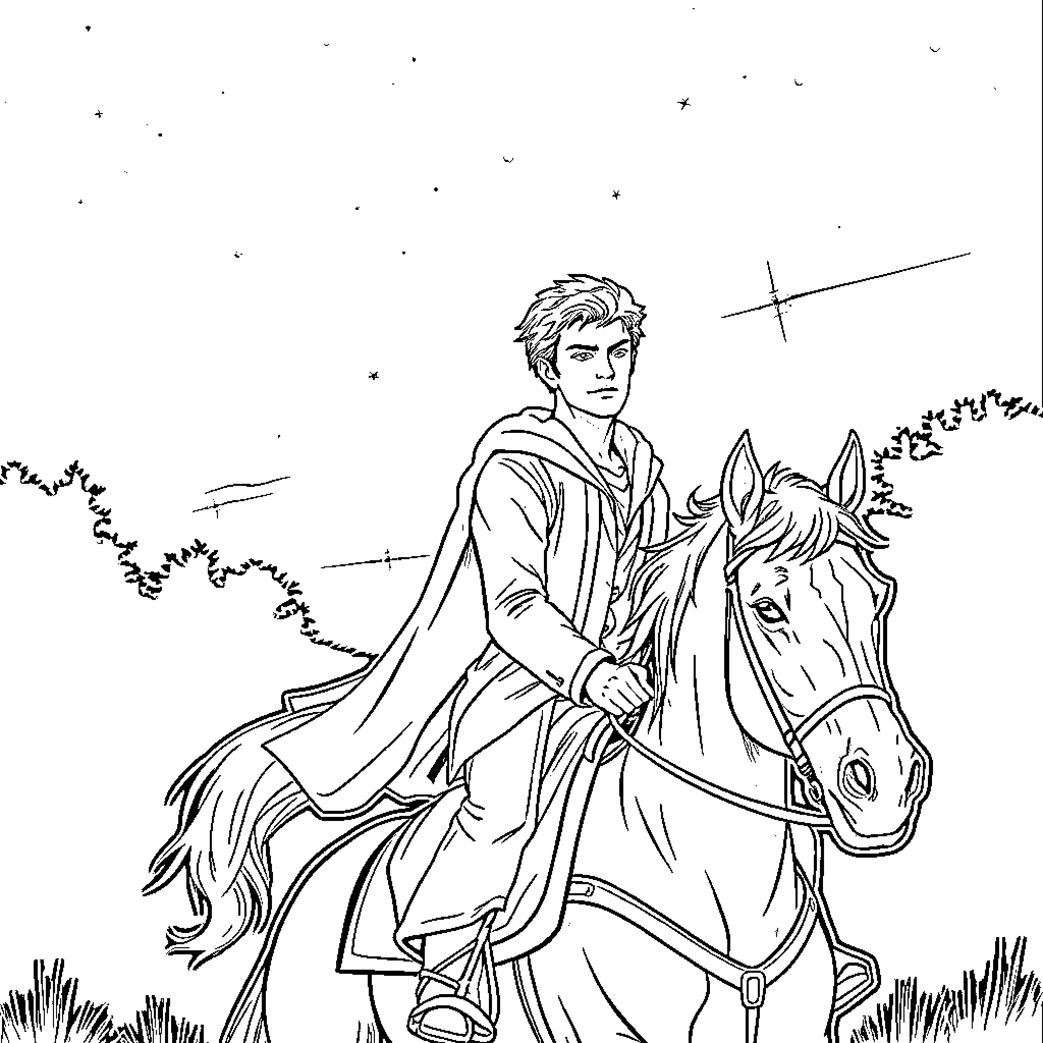 Edward riding a horse in the countryside Coloring Page (free black-and-white line drawing printable PDF for all, from beginners to advanced learners, including children, teens, adults, and seniors)
