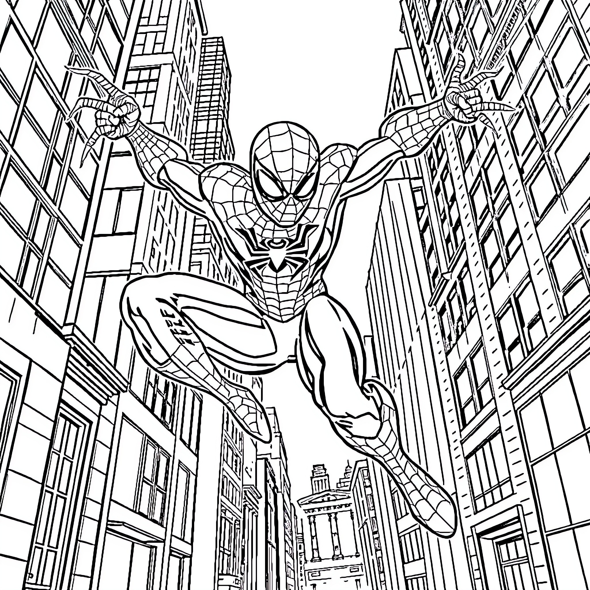 Spiderman swinging through the city skyline Coloring Page (free black-and-white line drawing printable PDF for all, from beginners to advanced learners, including children, teens, adults, and seniors)
