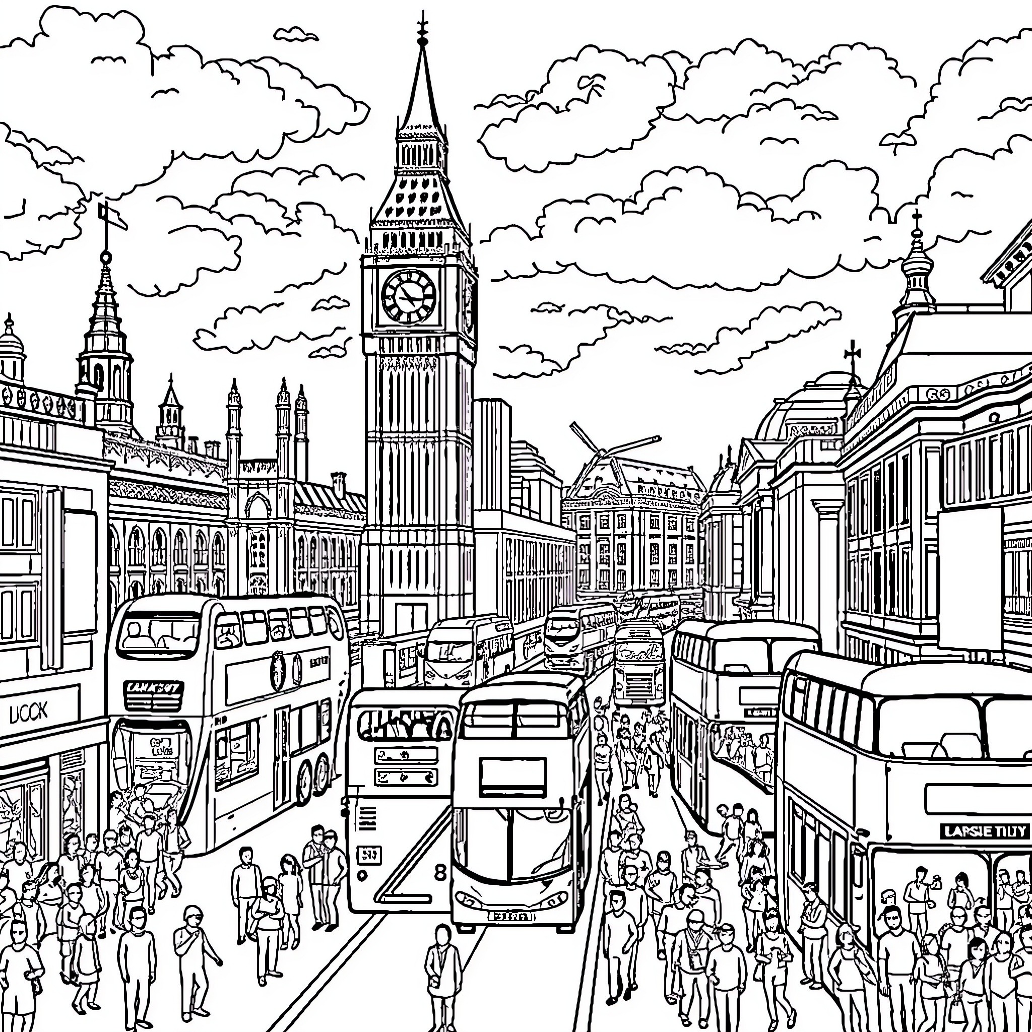 London cityscape filled with iconic landmarks and busy streets Coloring Page (free black-and-white line drawing printable PDF for all, from beginners to advanced learners, including children, teens, adults, and seniors)