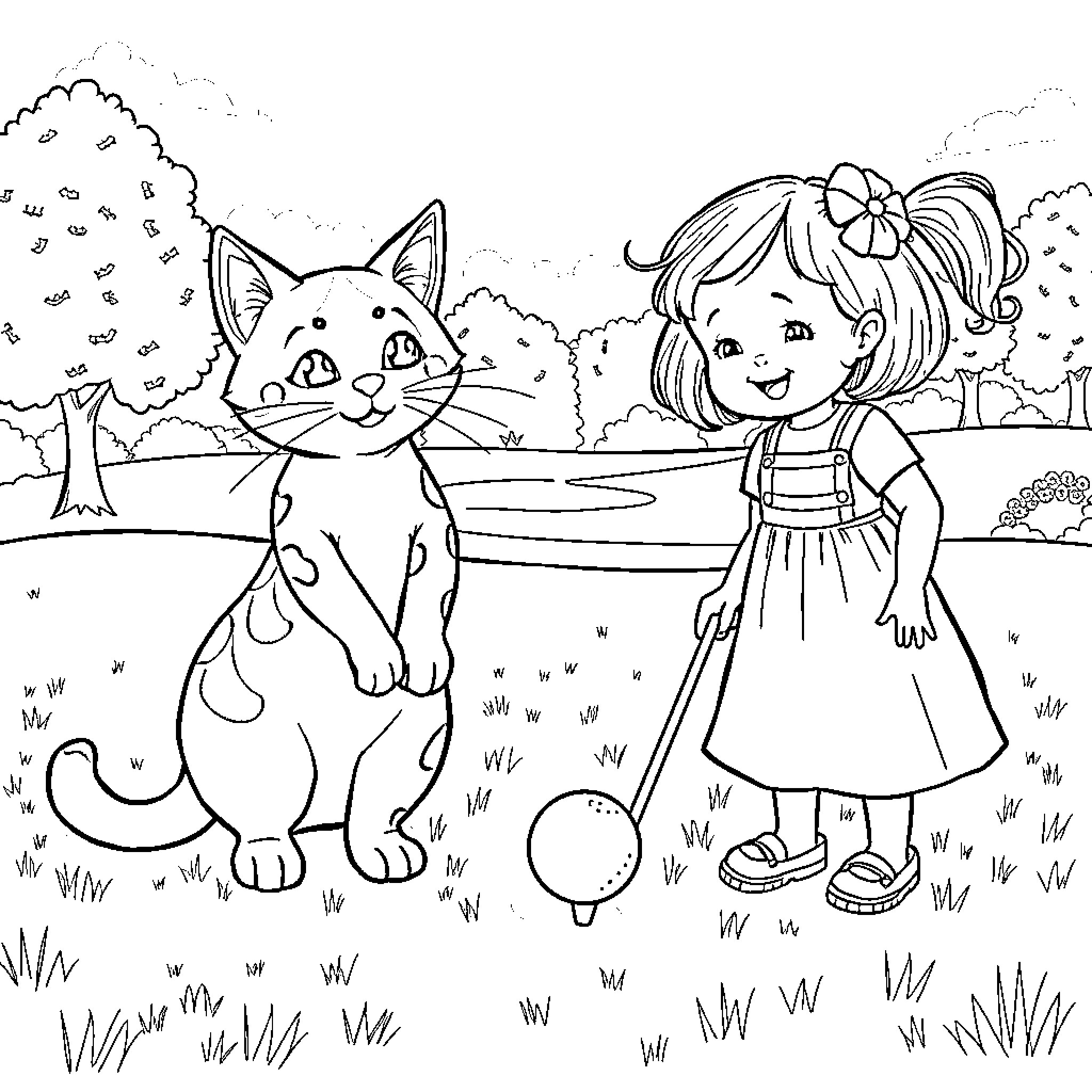 Calico Cat and Girl Playing Outdoors Coloring Page (free black-and-white line drawing printable PDF for all, from beginners to advanced learners, including children, teens, adults, and seniors)
