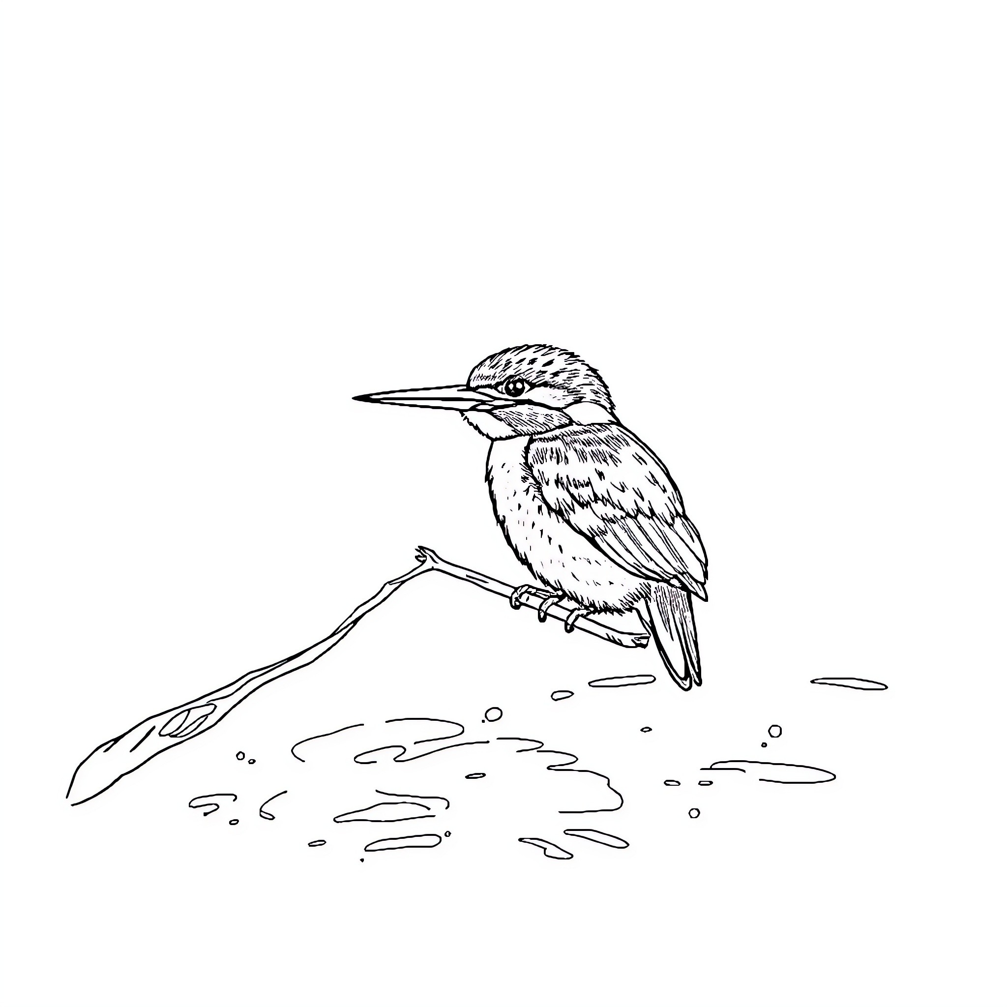 Kingfisher perched on branch, exploring its surroundings Coloring Page (free black-and-white line drawing printable PDF for all, from beginners to advanced learners, including children, teens, adults, and seniors)