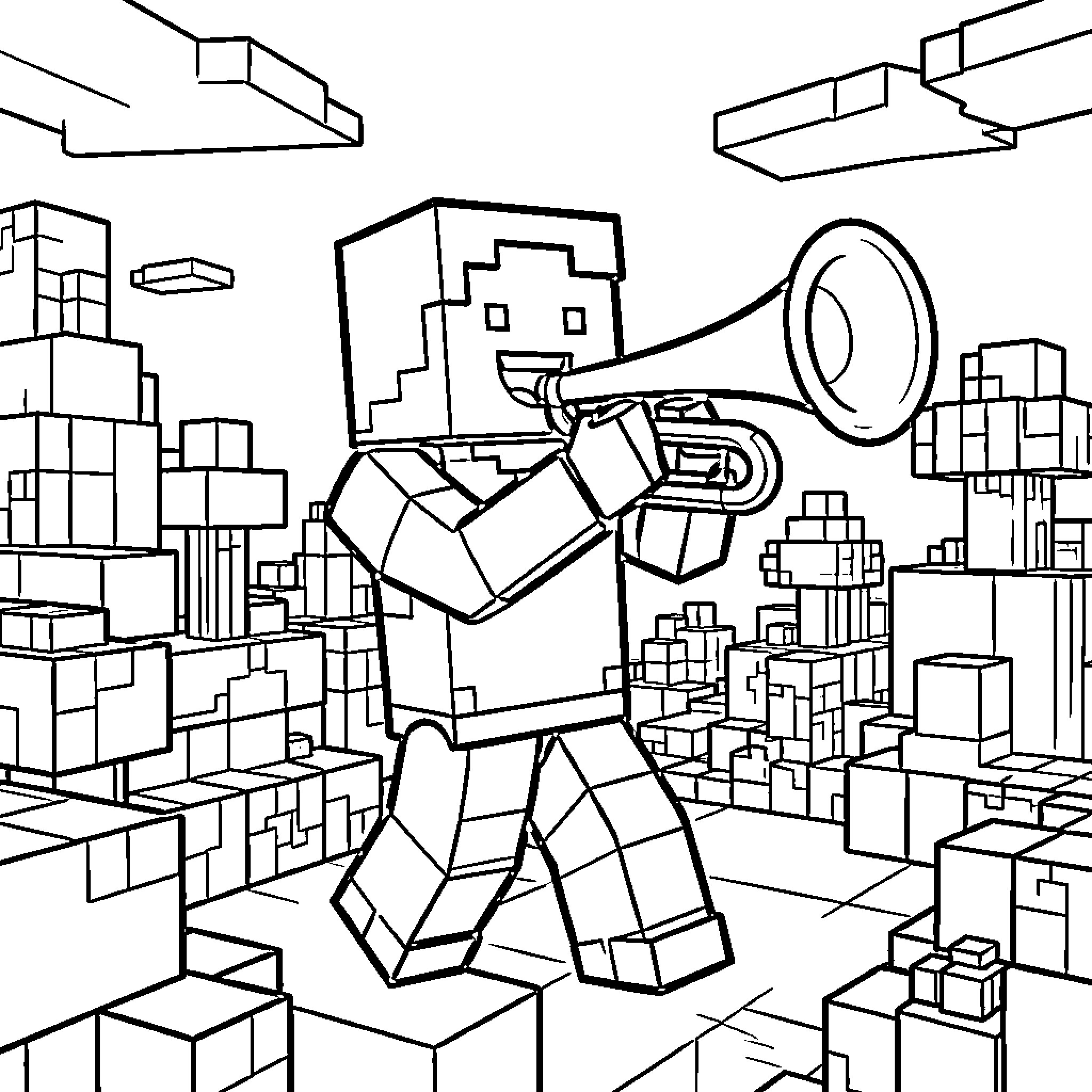 Minecraft Character Playing Trombone in Blocky City Coloring Page (free black-and-white line drawing printable PDF for all, from beginners to advanced learners, including children, teens, adults, and seniors)