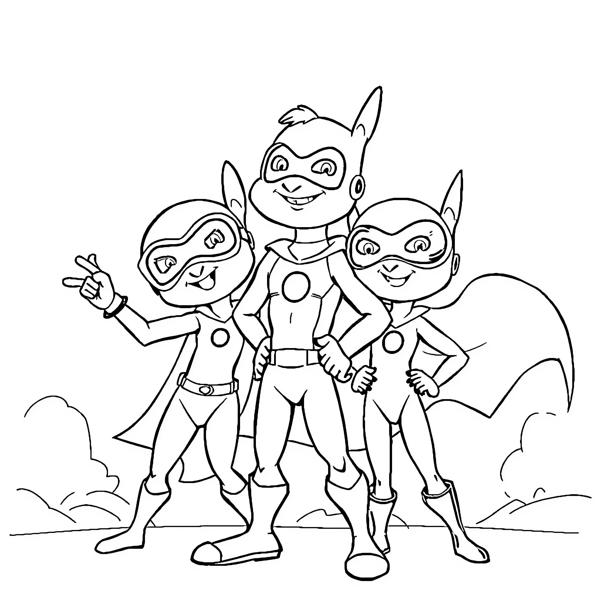 Paw Patrol superheroes in action Coloring Page (free black-and-white line drawing printable PDF for all, from beginners to advanced learners, including children, teens, adults, and seniors)