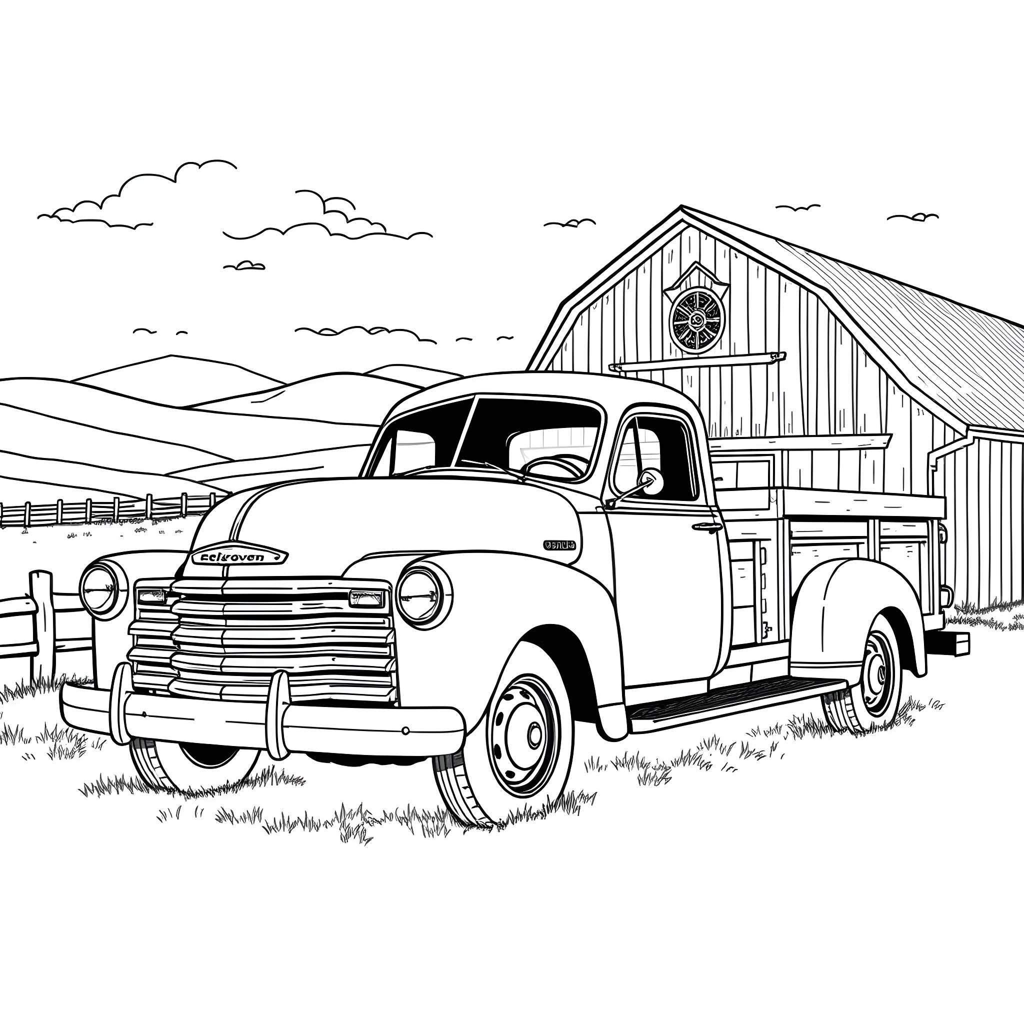 Truck parked near rustic barn in scenic countryside Coloring Page (free black-and-white line drawing printable PDF for all, from beginners to advanced learners, including children, teens, adults, and seniors)