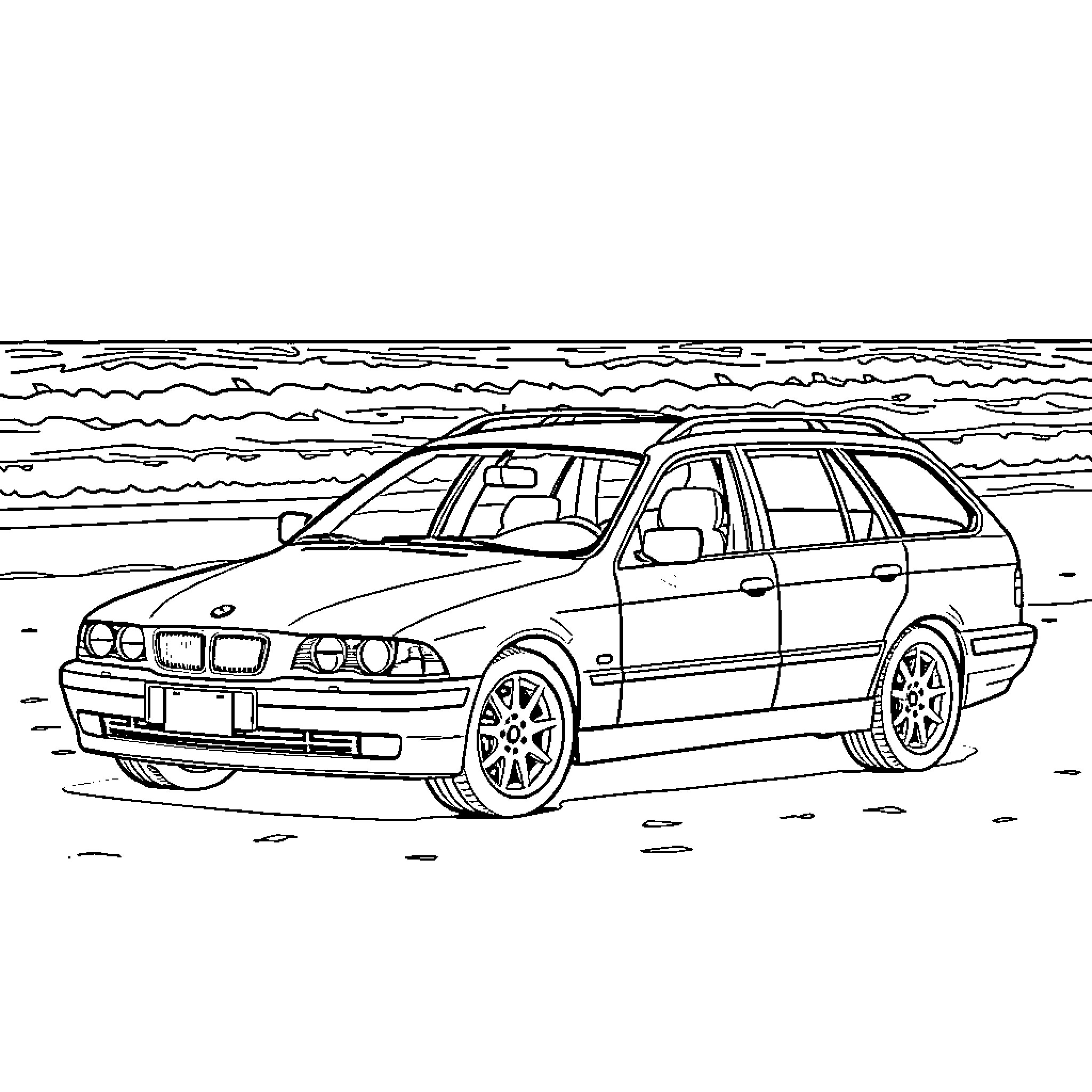 BMW Station Wagon Racing on Scenic Road Coloring Page (free black-and-white line drawing printable PDF for all, from beginners to advanced learners, including children, teens, adults, and seniors)