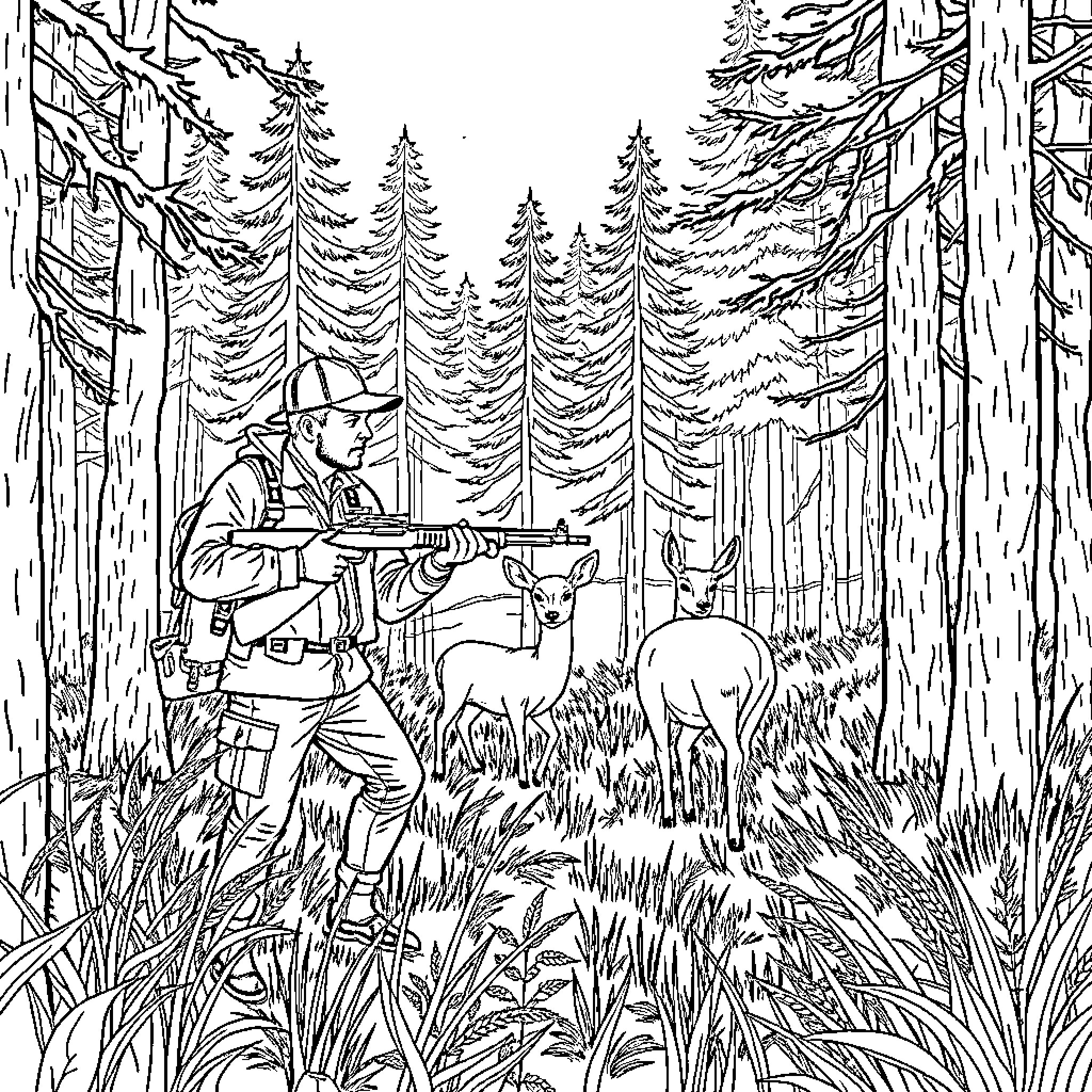 Deer in the Forest with Hunter Coloring Page (free black-and-white line drawing printable PDF for all, from beginners to advanced learners, including children, teens, adults, and seniors)