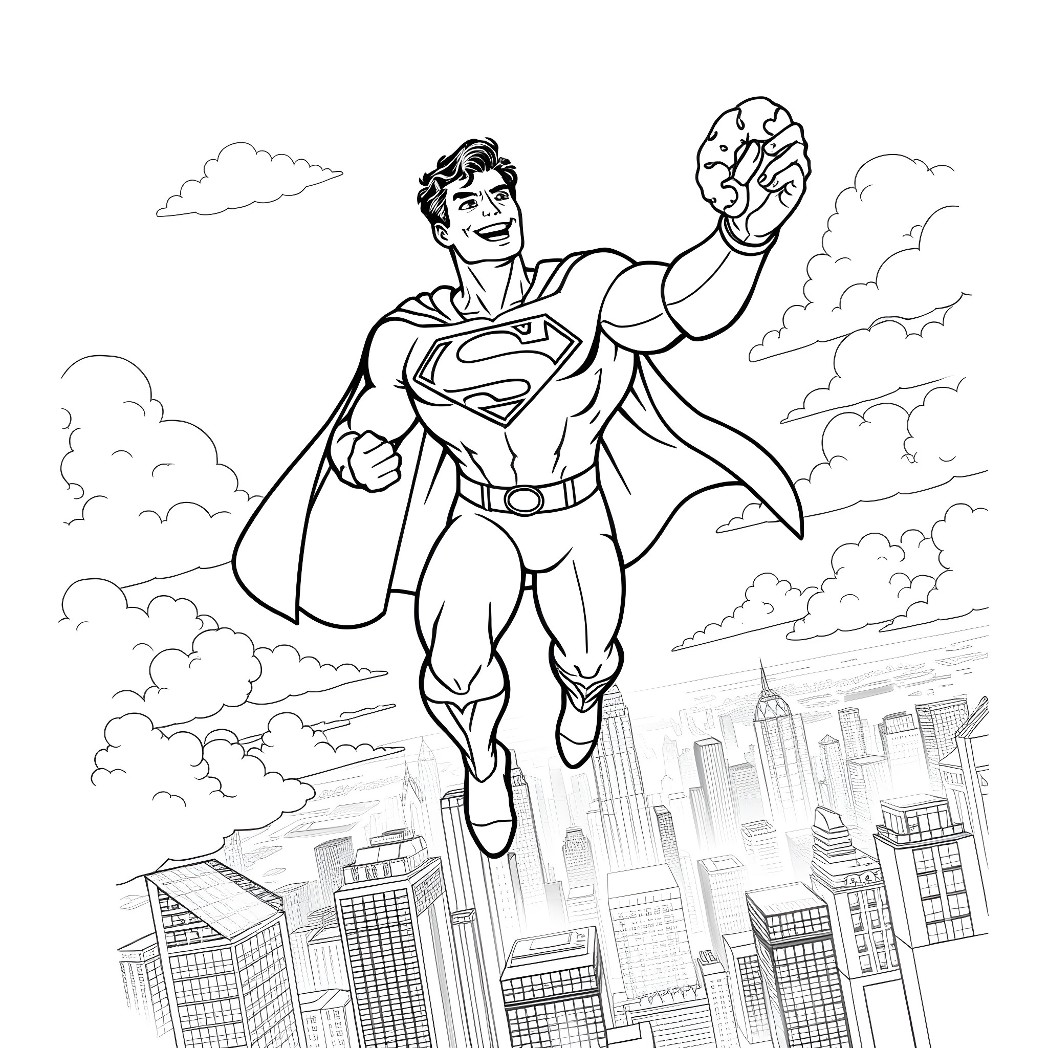 Superman soaring high above the city Coloring Page (free black-and-white line drawing printable PDF for all, from beginners to advanced learners, including children, teens, adults, and seniors)