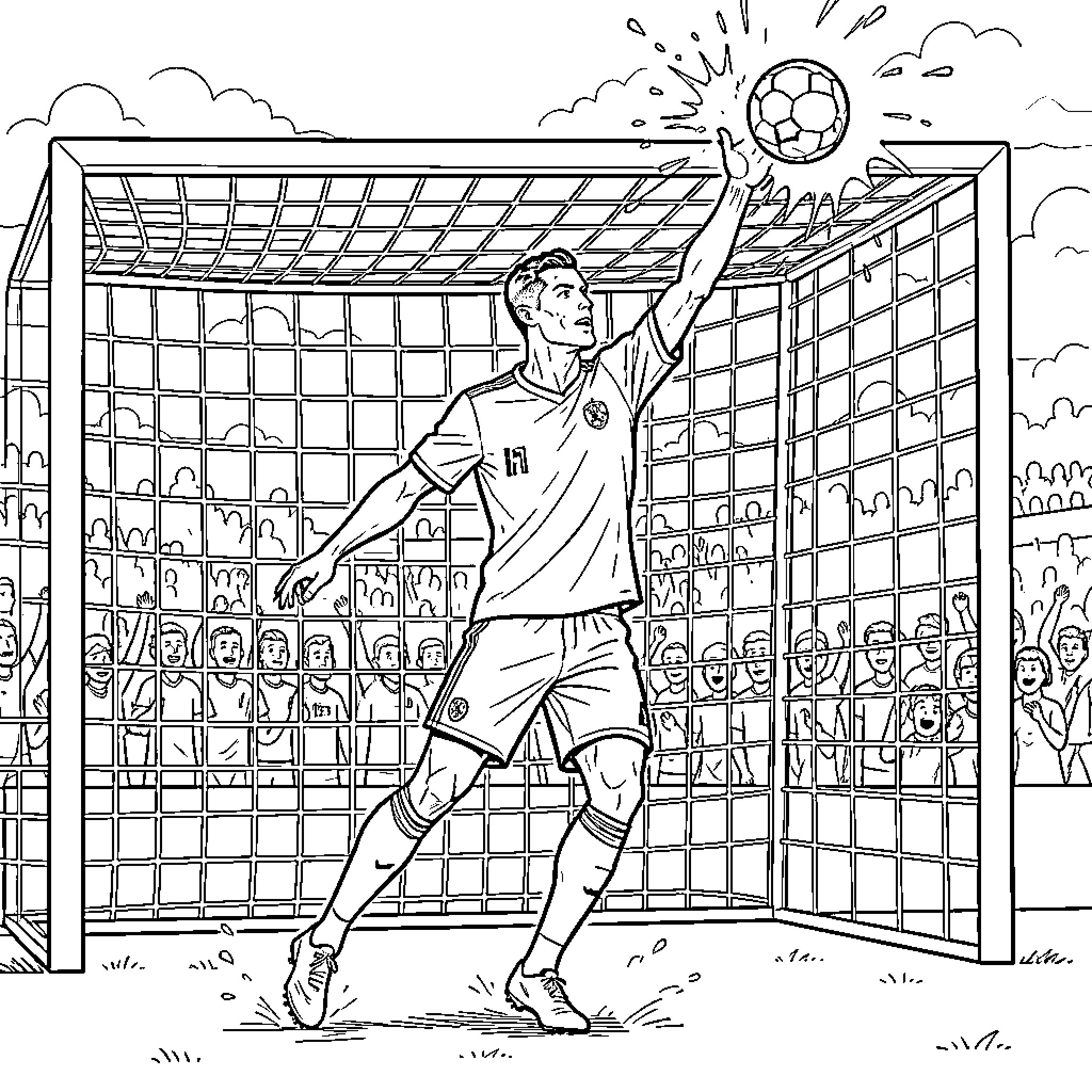 Cristiano Ronaldo heading a soccer ball into the net Coloring Page (free black-and-white line drawing printable PDF for all, from beginners to advanced learners, including children, teens, adults, and seniors)