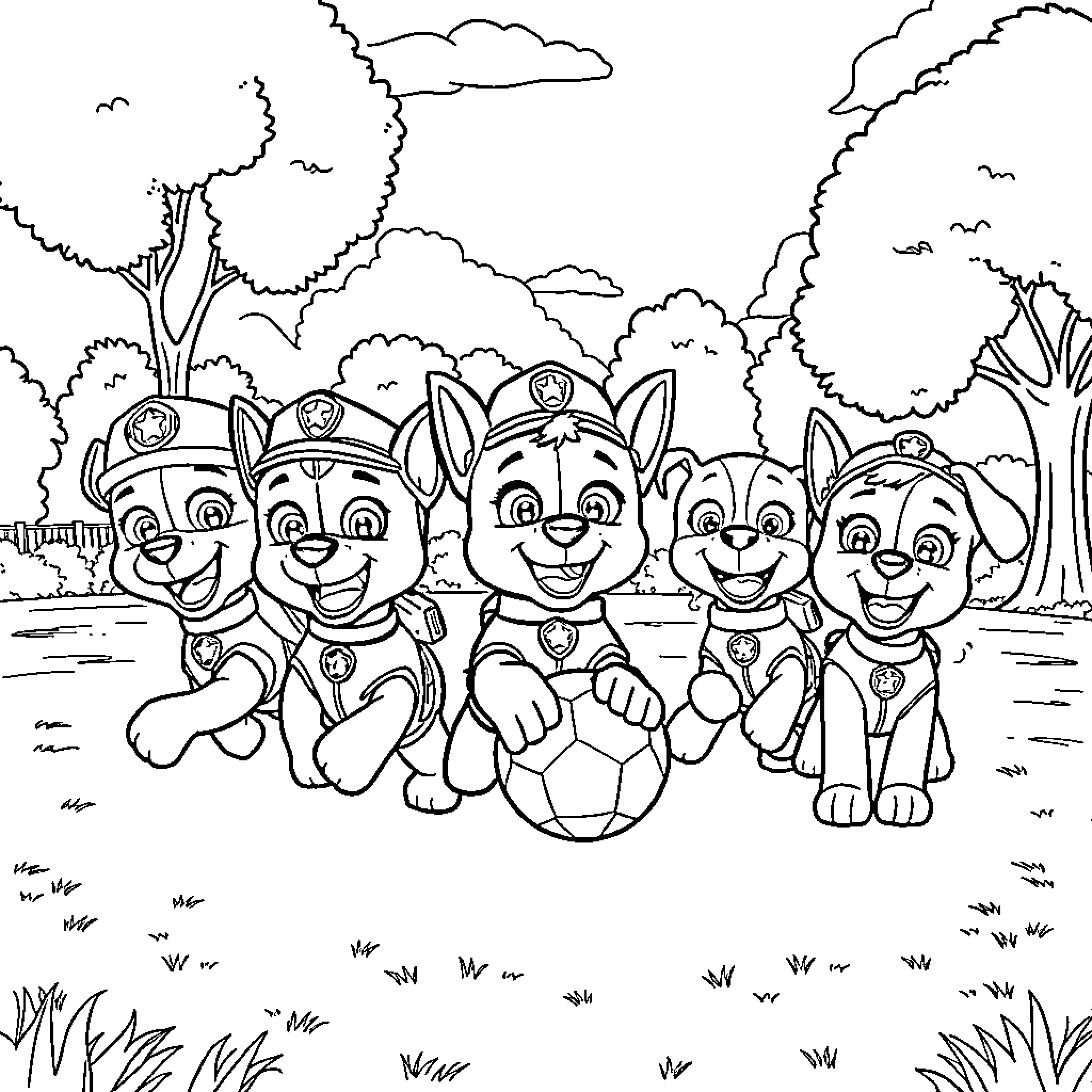 Paw Patrol pups playing with soccer ball in forest Coloring Page (free black-and-white line drawing printable PDF for all, from beginners to advanced learners, including children, teens, adults, and seniors)