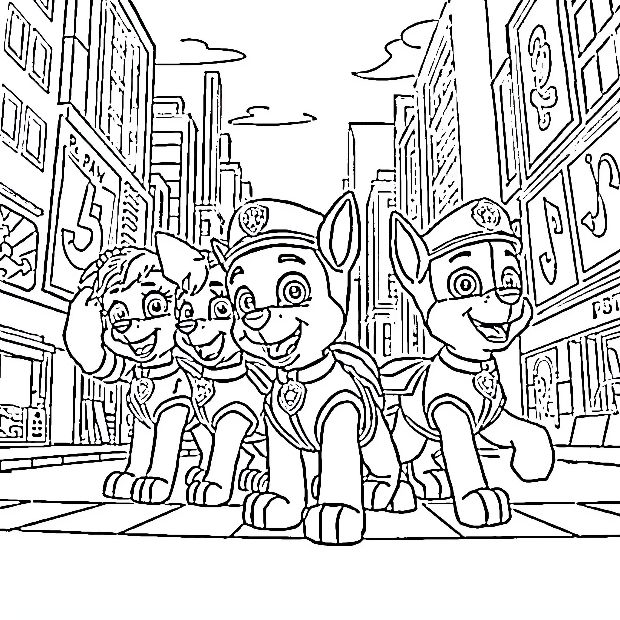 Paw Patrol Pups on Patrol in the City Coloring Page (free black-and-white line drawing printable PDF for all, from beginners to advanced learners, including children, teens, adults, and seniors)