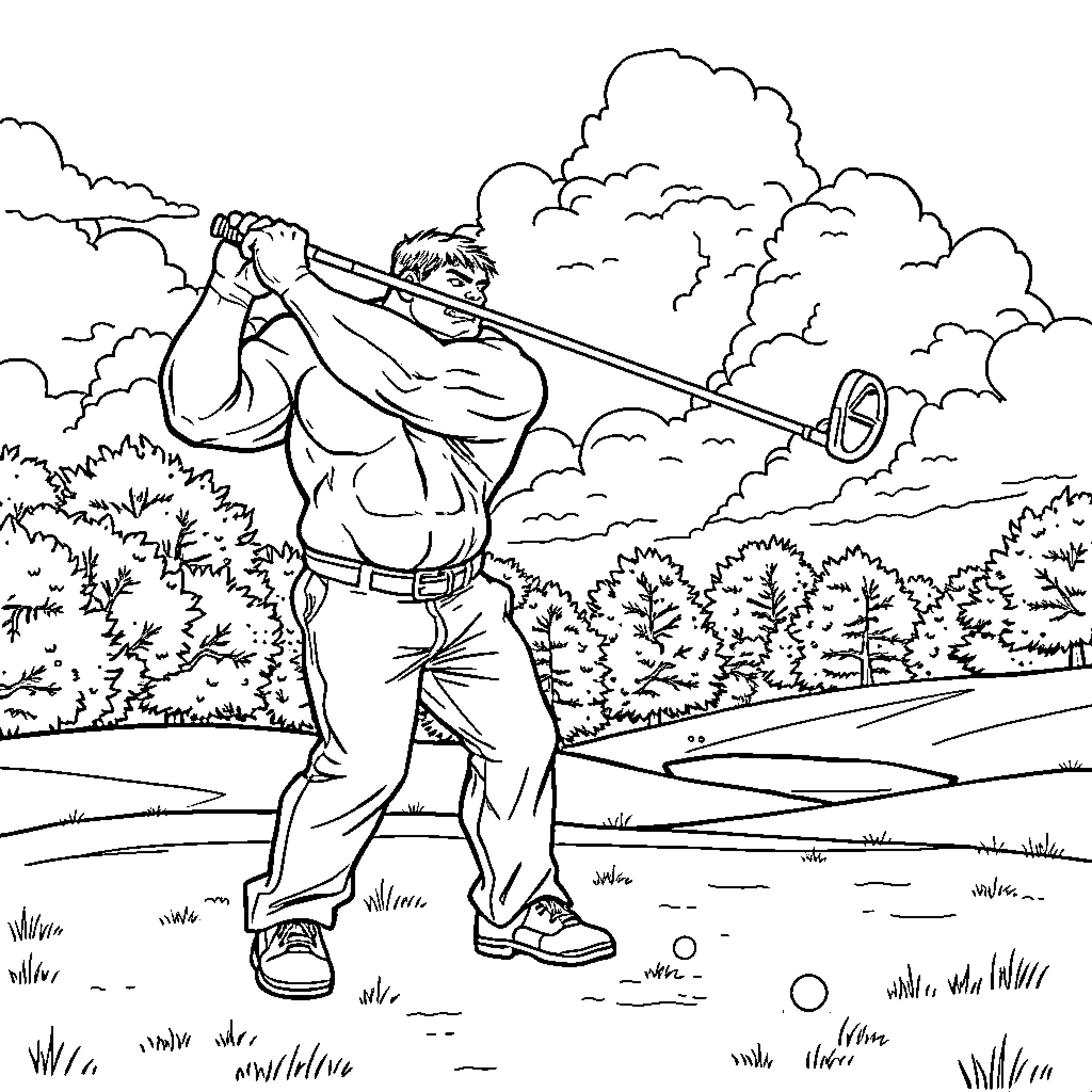 Hulk swinging golf club in the countryside Coloring Page (free black-and-white line drawing printable PDF for all, from beginners to advanced learners, including children, teens, adults, and seniors)