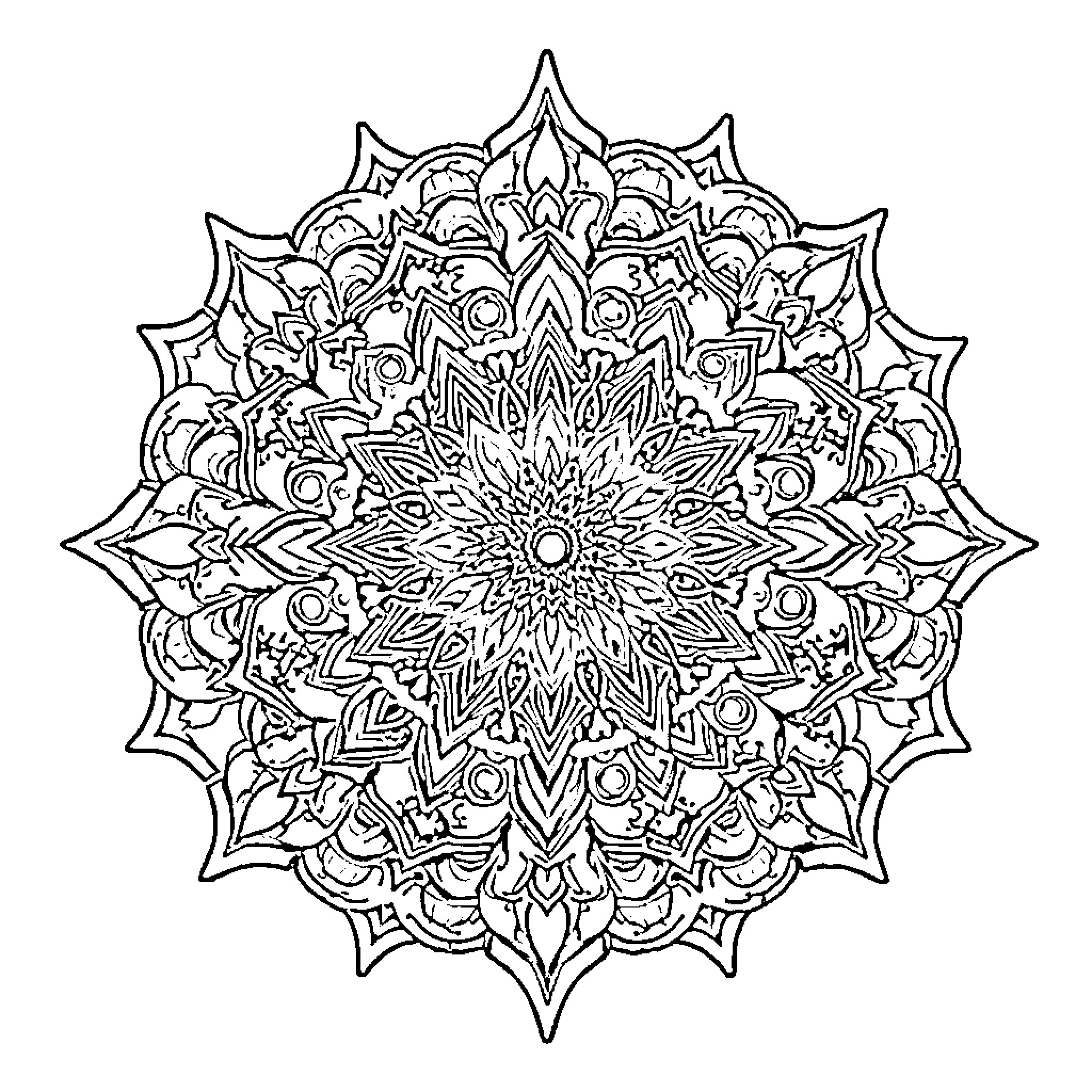 Mandala of intricate floral patterns and shapes Coloring Page (free black-and-white line drawing printable PDF for all, from beginners to advanced learners, including children, teens, adults, and seniors)