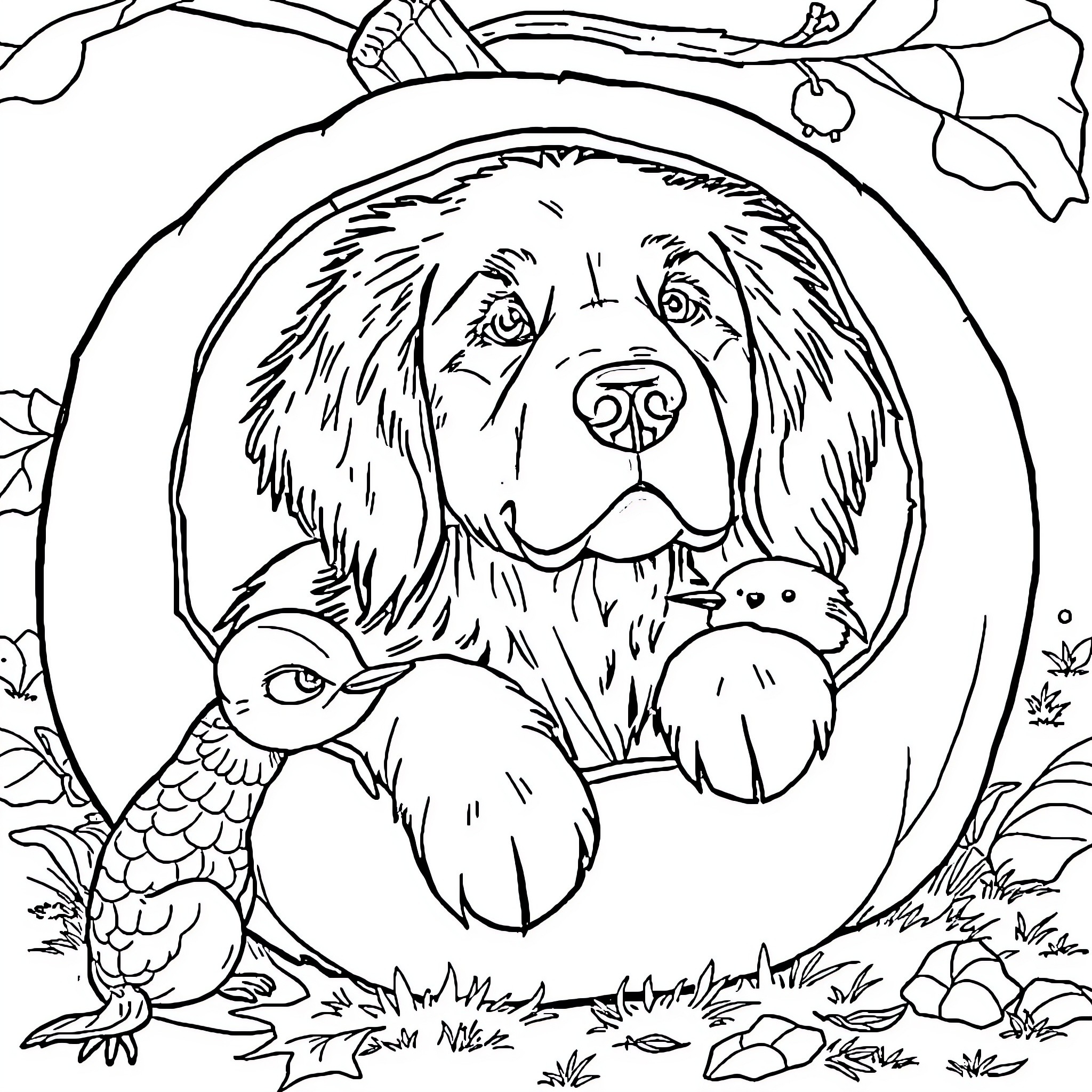 Cachorro brincando com amigos na floresta Coloring Page (free black-and-white line drawing printable PDF for all, from beginners to advanced learners, including children, teens, adults, and seniors)