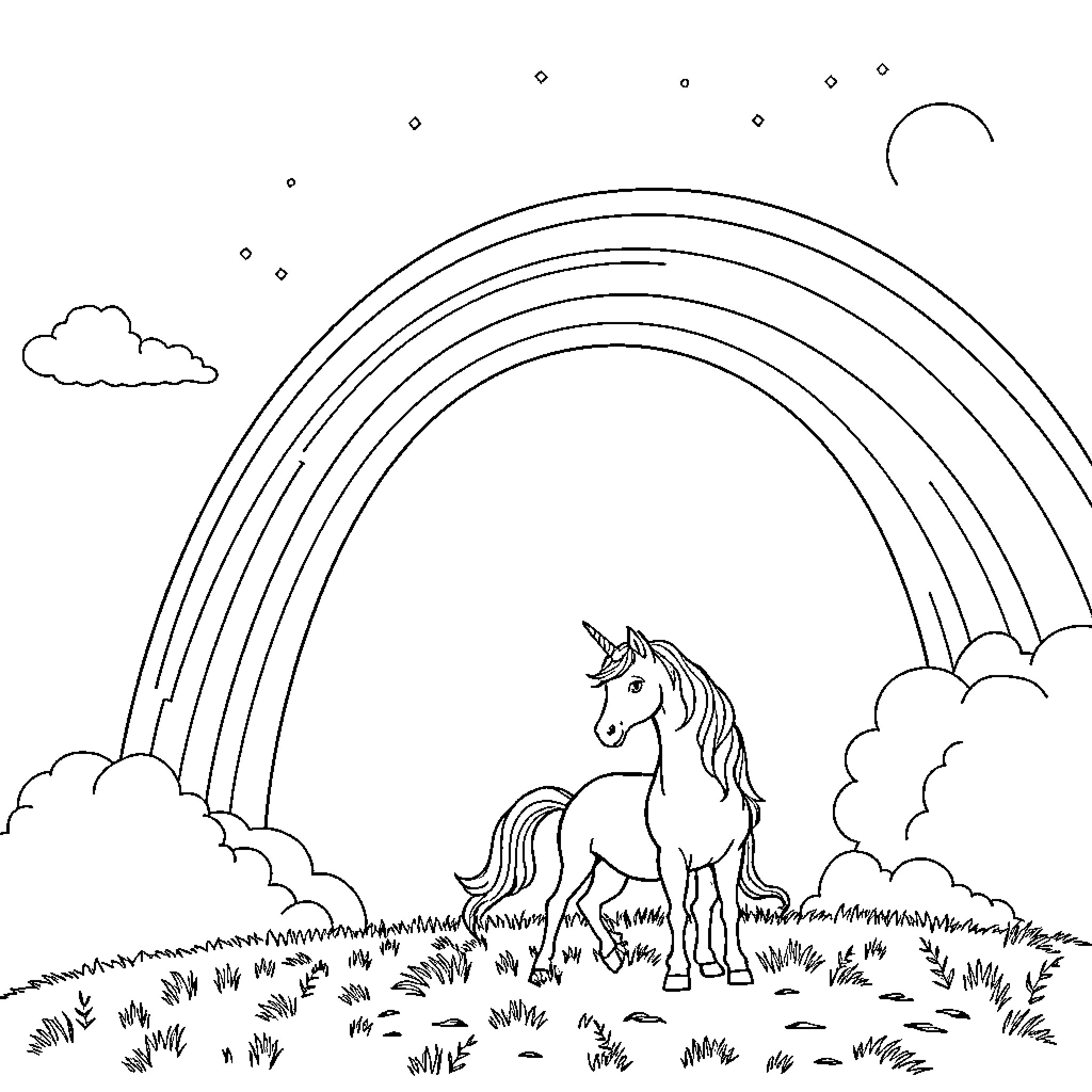 Unicorn standing in a field under a rainbow Coloring Page (free black-and-white line drawing printable PDF for all, from beginners to advanced learners, including children, teens, adults, and seniors)
