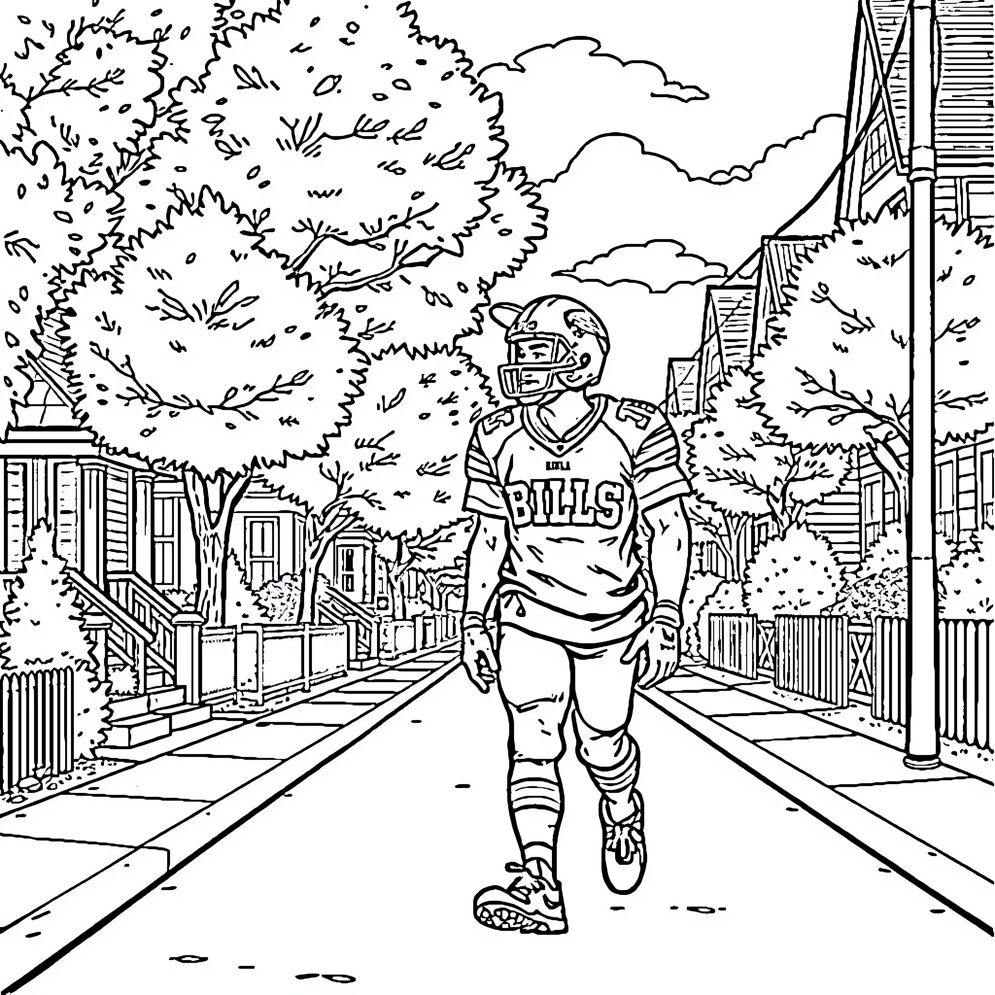 Buffalo Player Walking Down City Street Coloring Page (free black-and-white line drawing printable PDF for all, from beginners to advanced learners, including children, teens, adults, and seniors)