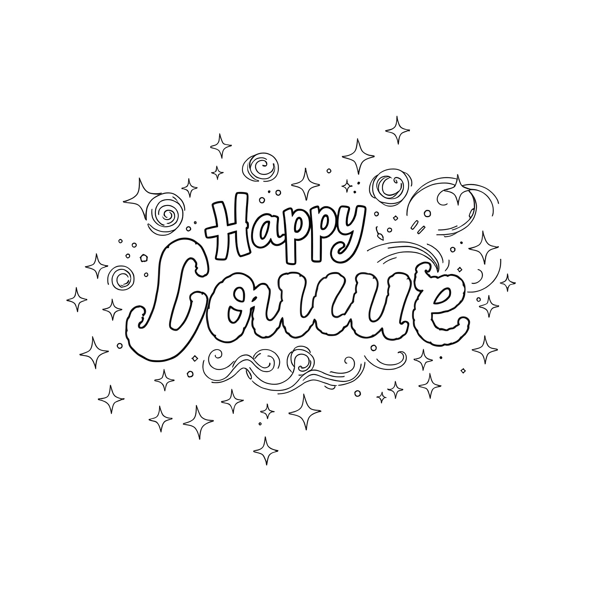 Cloud of Happy Lettering with Decorative Stars Coloring Page (free black-and-white line drawing printable PDF for all, from beginners to advanced learners, including children, teens, adults, and seniors)
