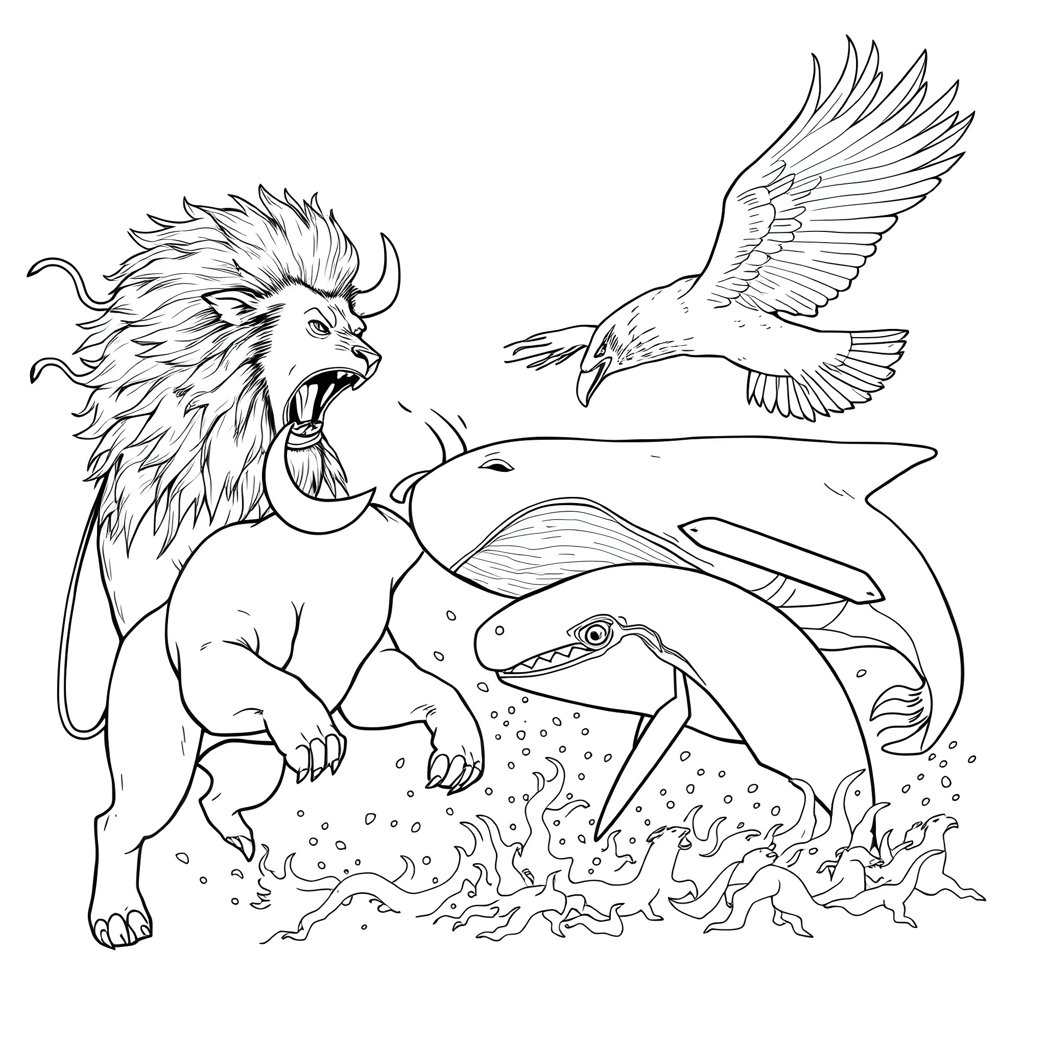 Animal fantasy creatures in action Coloring Page (free black-and-white line drawing printable PDF for all, from beginners to advanced learners, including children, teens, adults, and seniors)
