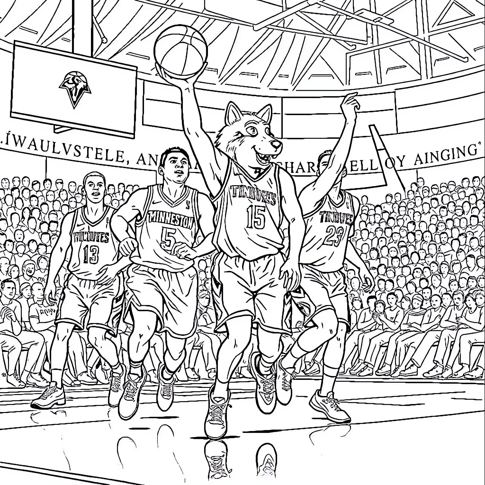 Timberwolf Basketball Team in High Energy Action Coloring Page (free black-and-white line drawing printable PDF for all, from beginners to advanced learners, including children, teens, adults, and seniors)