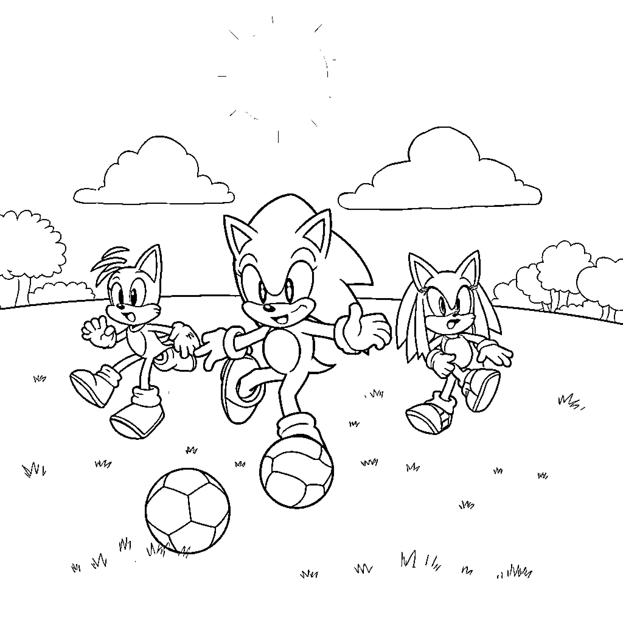 Sonic characters playing with a soccer ball in the park Coloring Page (free black-and-white line drawing printable PDF for all, from beginners to advanced learners, including children, teens, adults, and seniors)