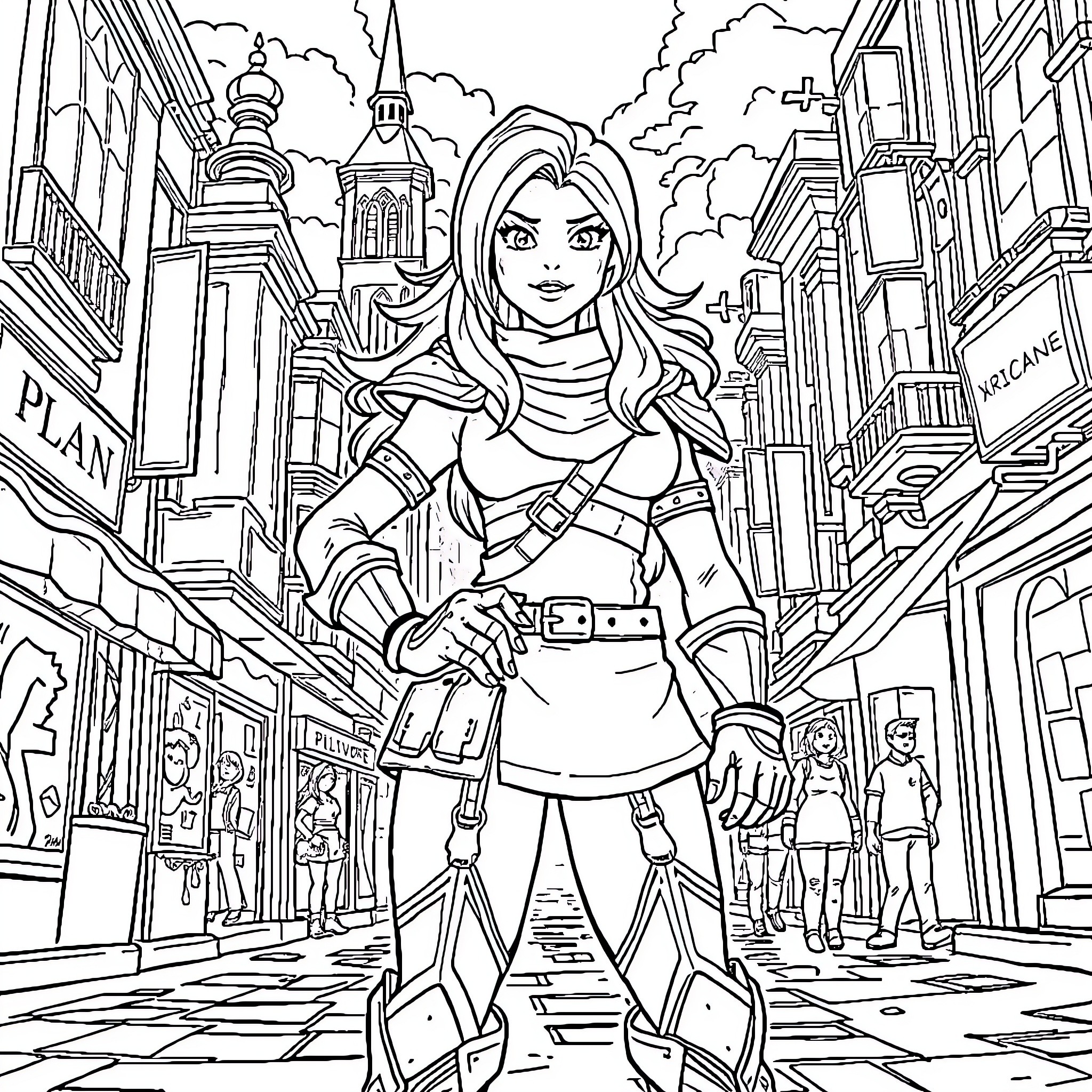 Vibrant Cityscape with Spirited Female Lead Coloring Page (free black-and-white line drawing printable PDF for all, from beginners to advanced learners, including children, teens, adults, and seniors)