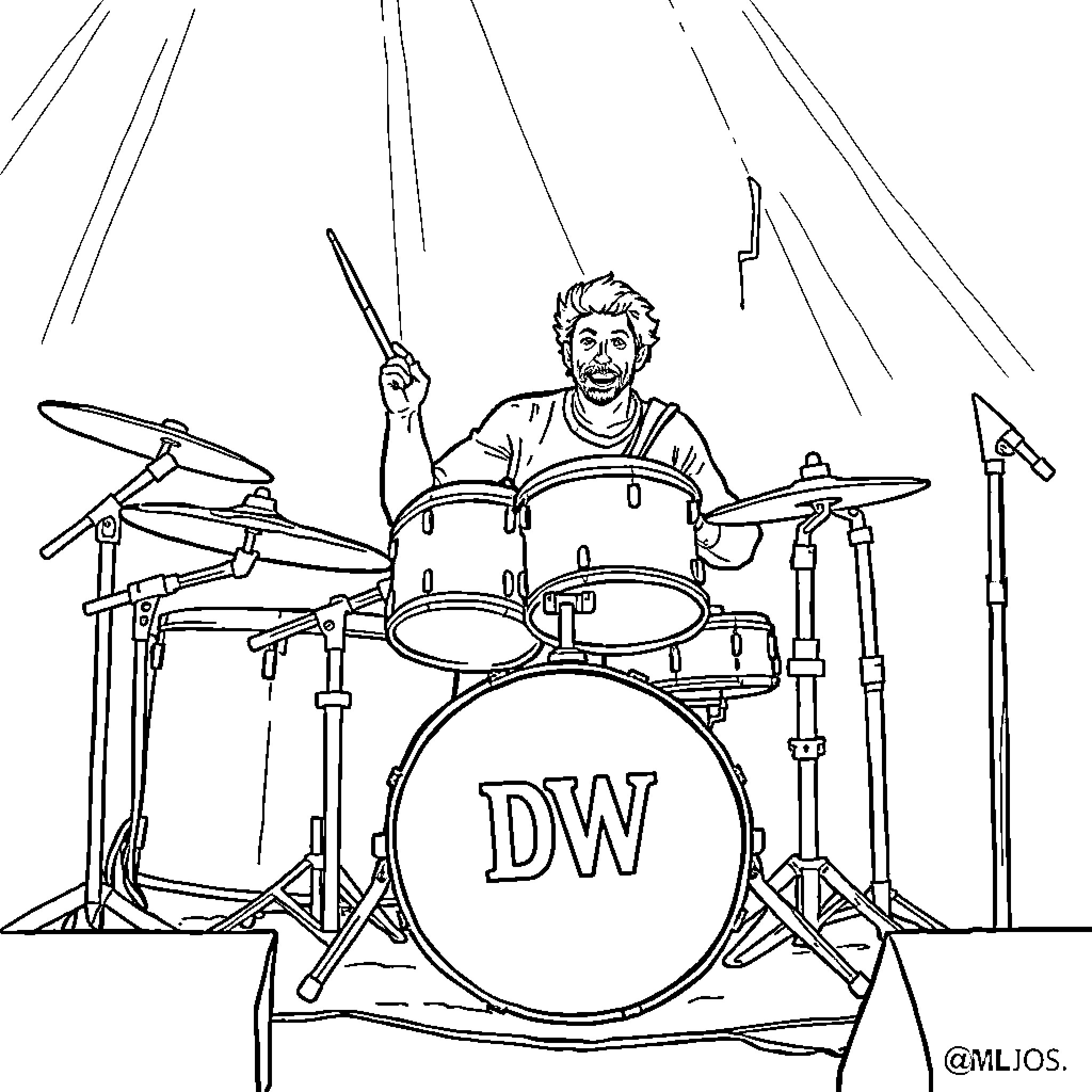 Drummer playing drums with passion on stage Coloring Page (free black-and-white line drawing printable PDF for all, from beginners to advanced learners, including children, teens, adults, and seniors)