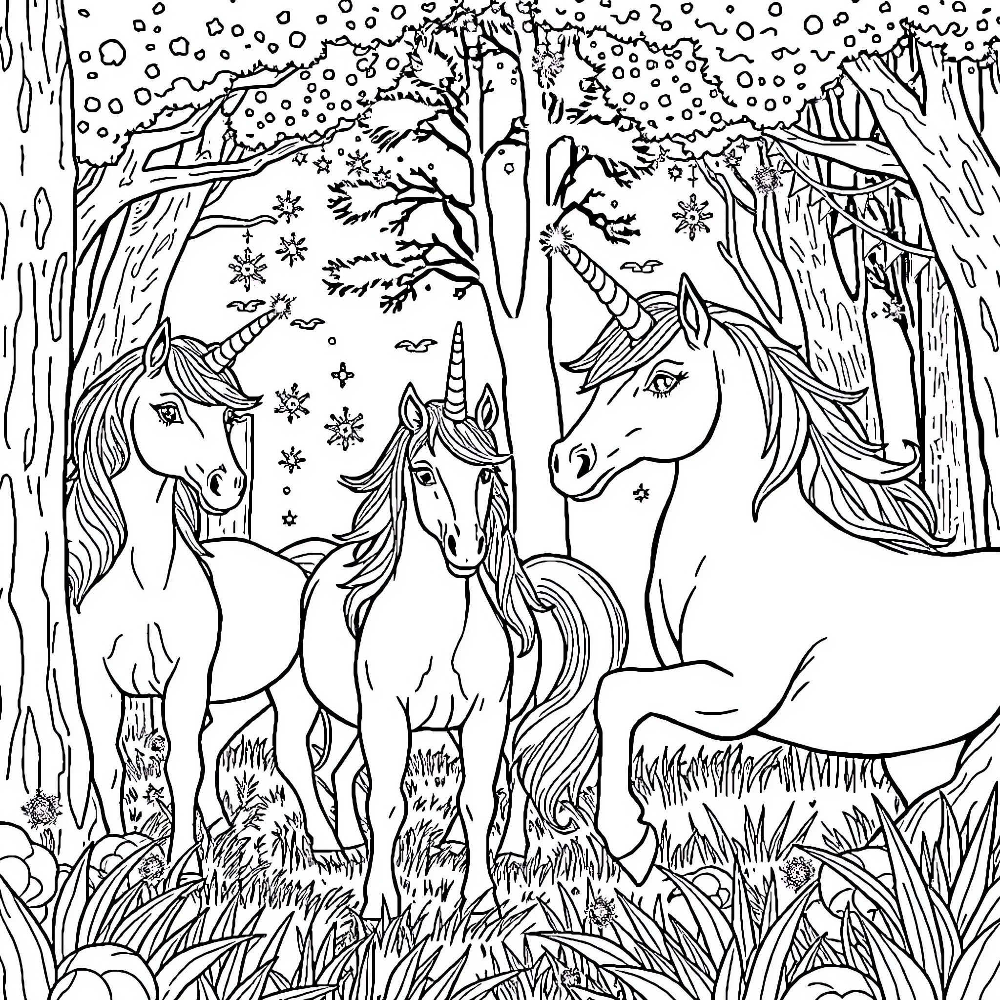 Unicorn herd in a snowy forest landscape Coloring Page (free black-and-white line drawing printable PDF for all, from beginners to advanced learners, including children, teens, adults, and seniors)