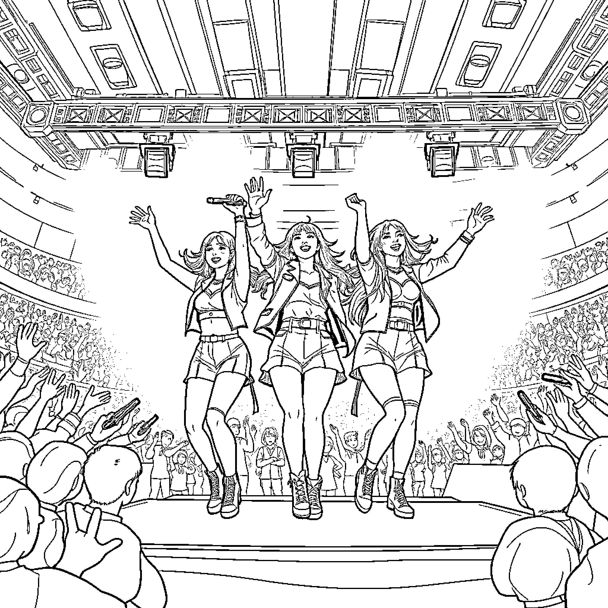 Kpop Demon Hunters Rocking the Stage Coloring Page (free black-and-white line drawing printable PDF for all, from beginners to advanced learners, including children, teens, adults, and seniors)