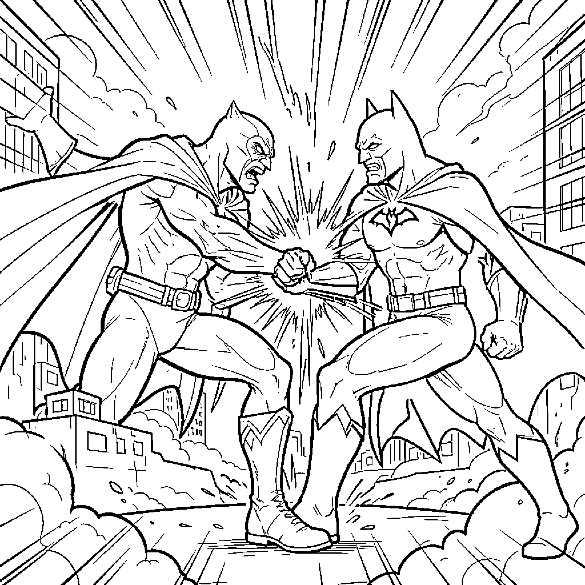 Spawn of the Caped Crusaders: Heroes' Clash in the City Coloring Page (free black-and-white line drawing printable PDF for all, from beginners to advanced learners, including children, teens, adults, and seniors)