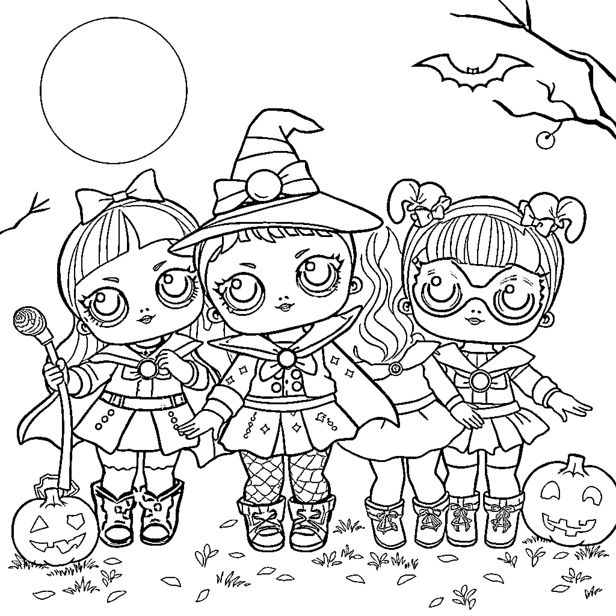 LOL Surprise Dolls Dressed in Whimsical Halloween Costumes Coloring Page (free black-and-white line drawing printable PDF for all, from beginners to advanced learners, including children, teens, adults, and seniors)