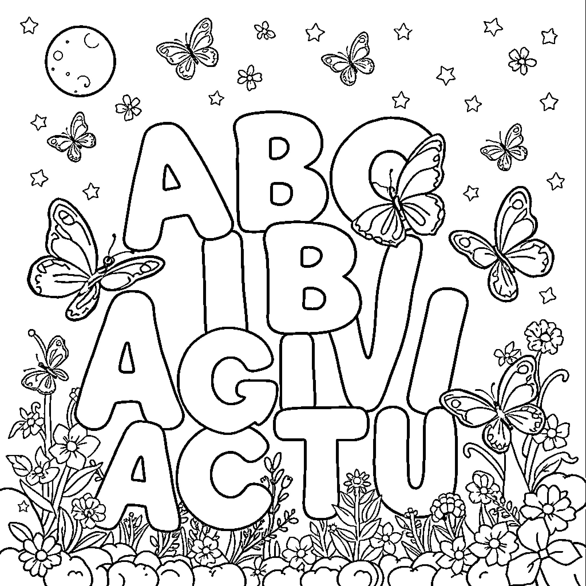 ABC Butterfly Activity Coloring Coloring Page (free black-and-white line drawing printable PDF for all, from beginners to advanced learners, including children, teens, adults, and seniors)