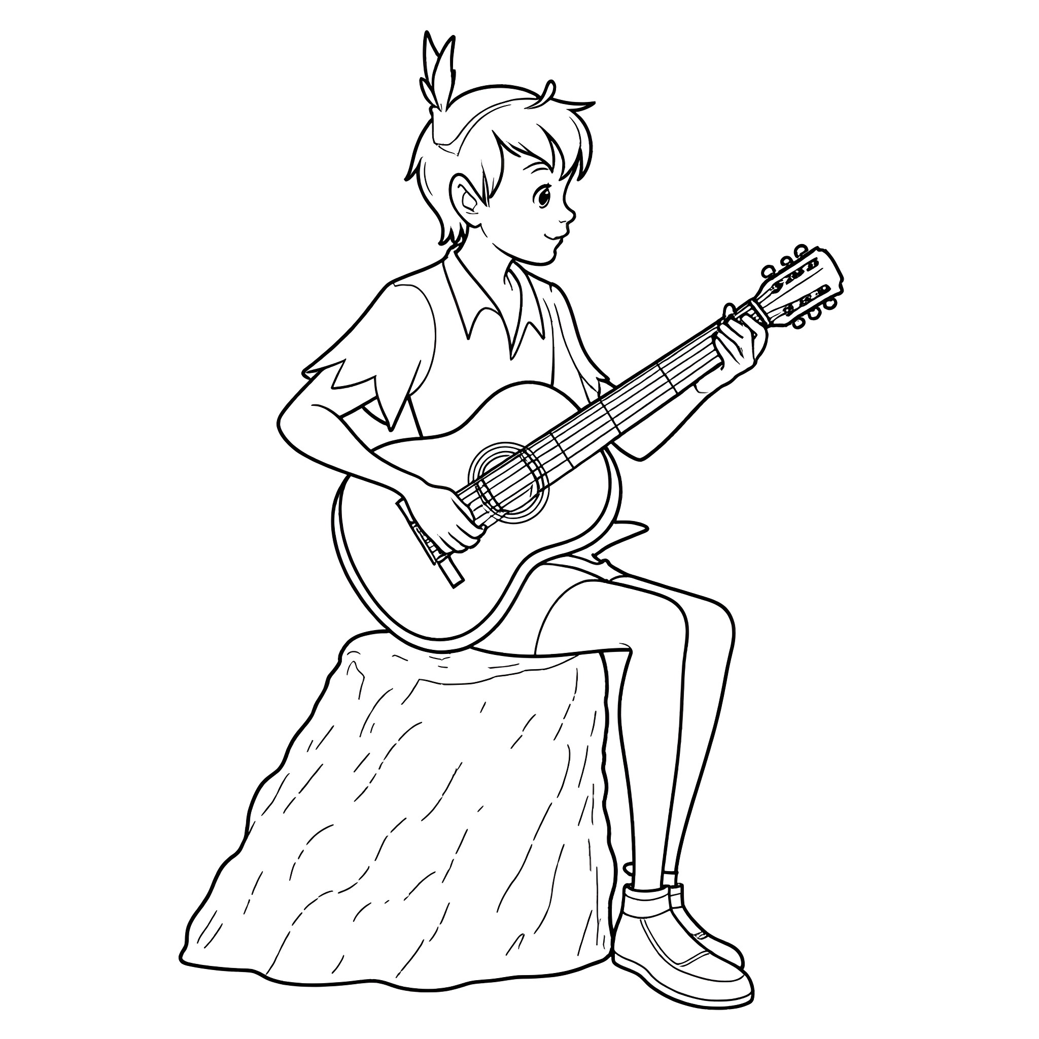 Peter Pan playing guitar in the wilderness Coloring Page (free black-and-white line drawing printable PDF for all, from beginners to advanced learners, including children, teens, adults, and seniors)