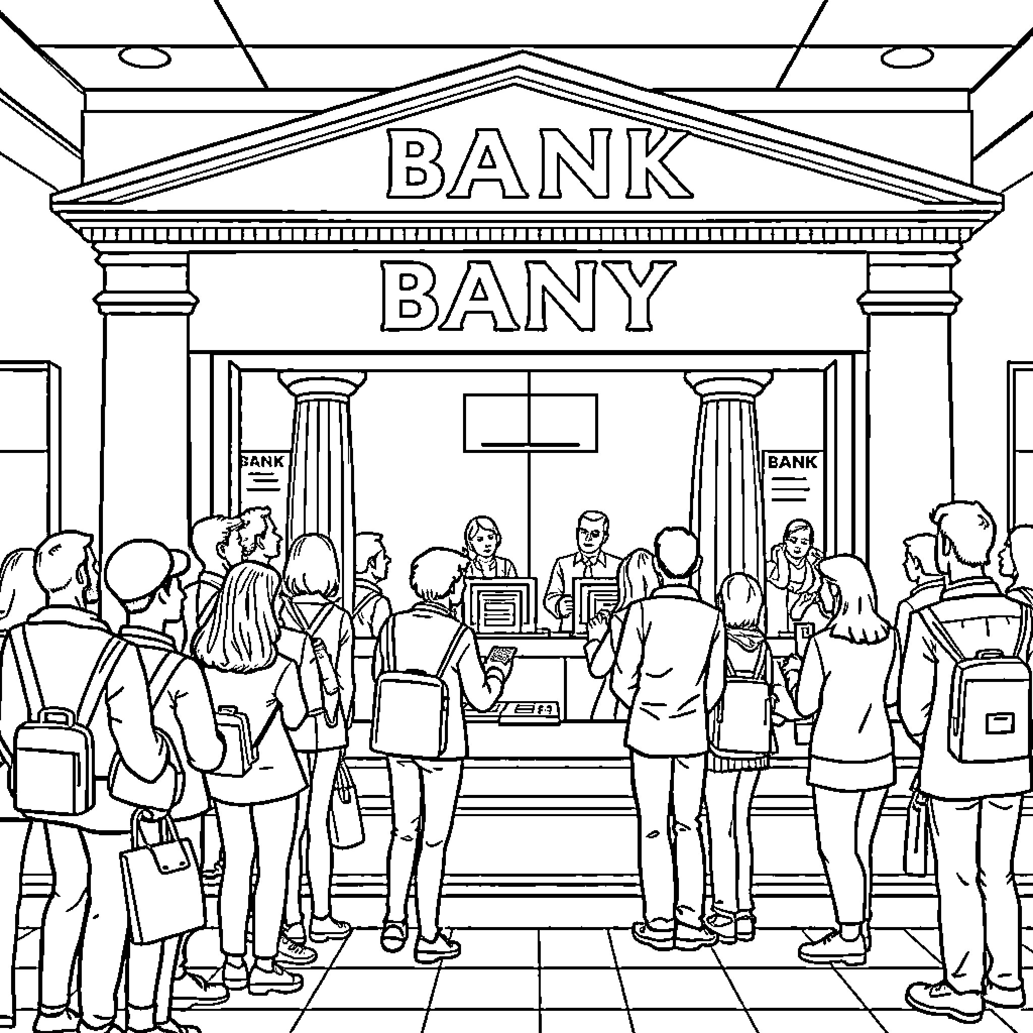 Bank Bany: People Queuing at the Financial Institution Coloring Page (free black-and-white line drawing printable PDF for all, from beginners to advanced learners, including children, teens, adults, and seniors)