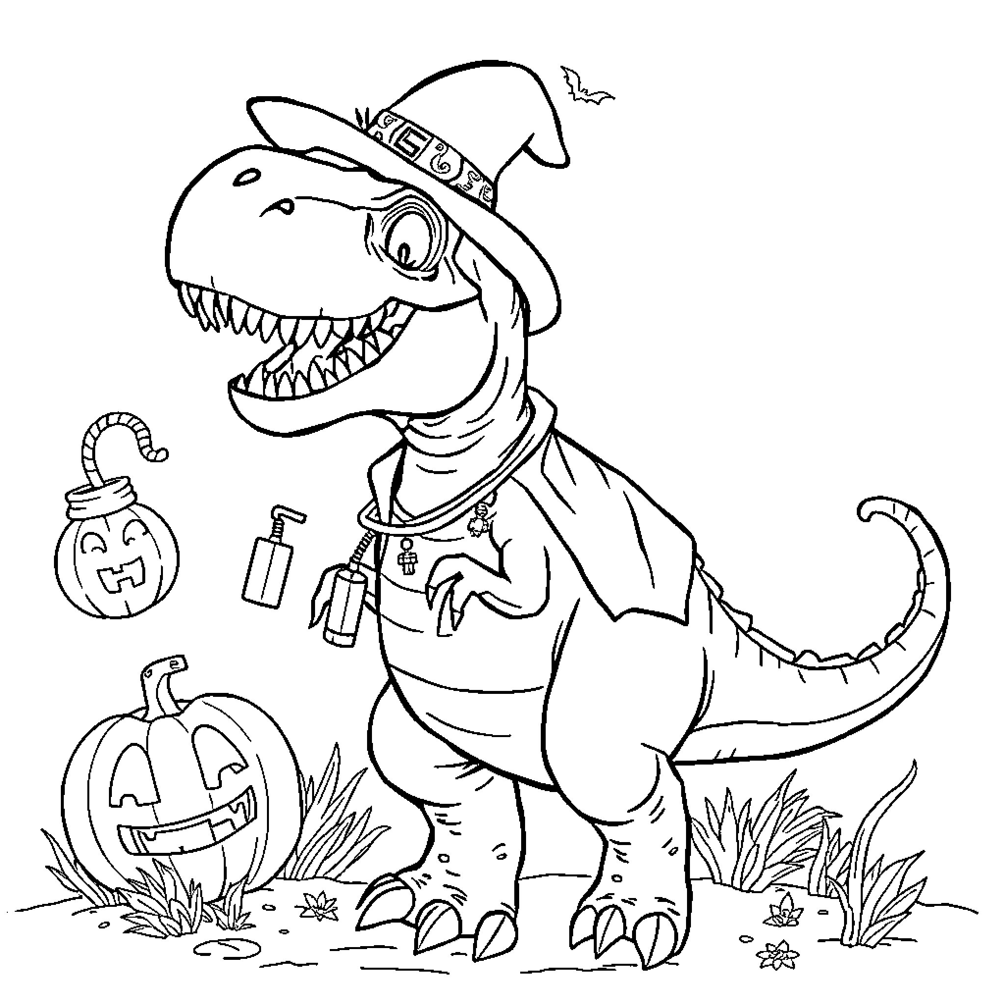 Dinosaur dressed as a witch with pumpkins Coloring Page (free black-and-white line drawing printable PDF for all, from beginners to advanced learners, including children, teens, adults, and seniors)