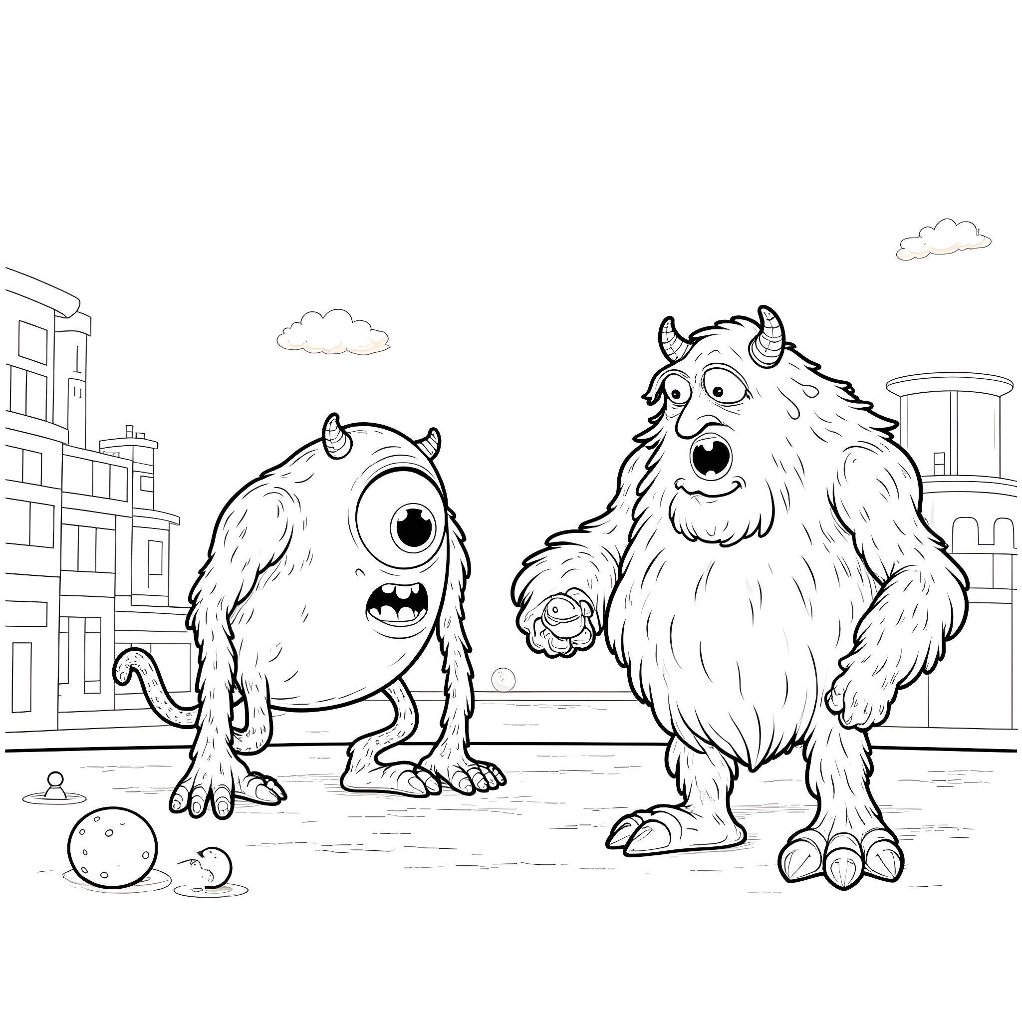 Monster Creatures Playing in the City Coloring Page (free black-and-white line drawing printable PDF for all, from beginners to advanced learners, including children, teens, adults, and seniors)