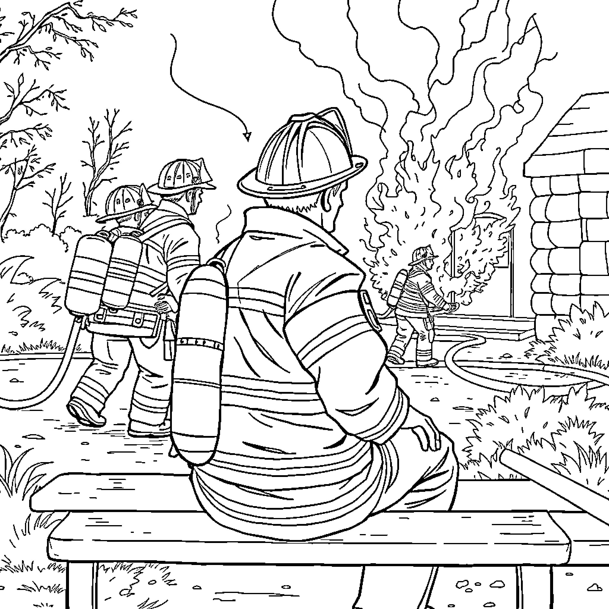 Firefighters battling a blaze in an emergency situation Coloring Page (free black-and-white line drawing printable PDF for all, from beginners to advanced learners, including children, teens, adults, and seniors)