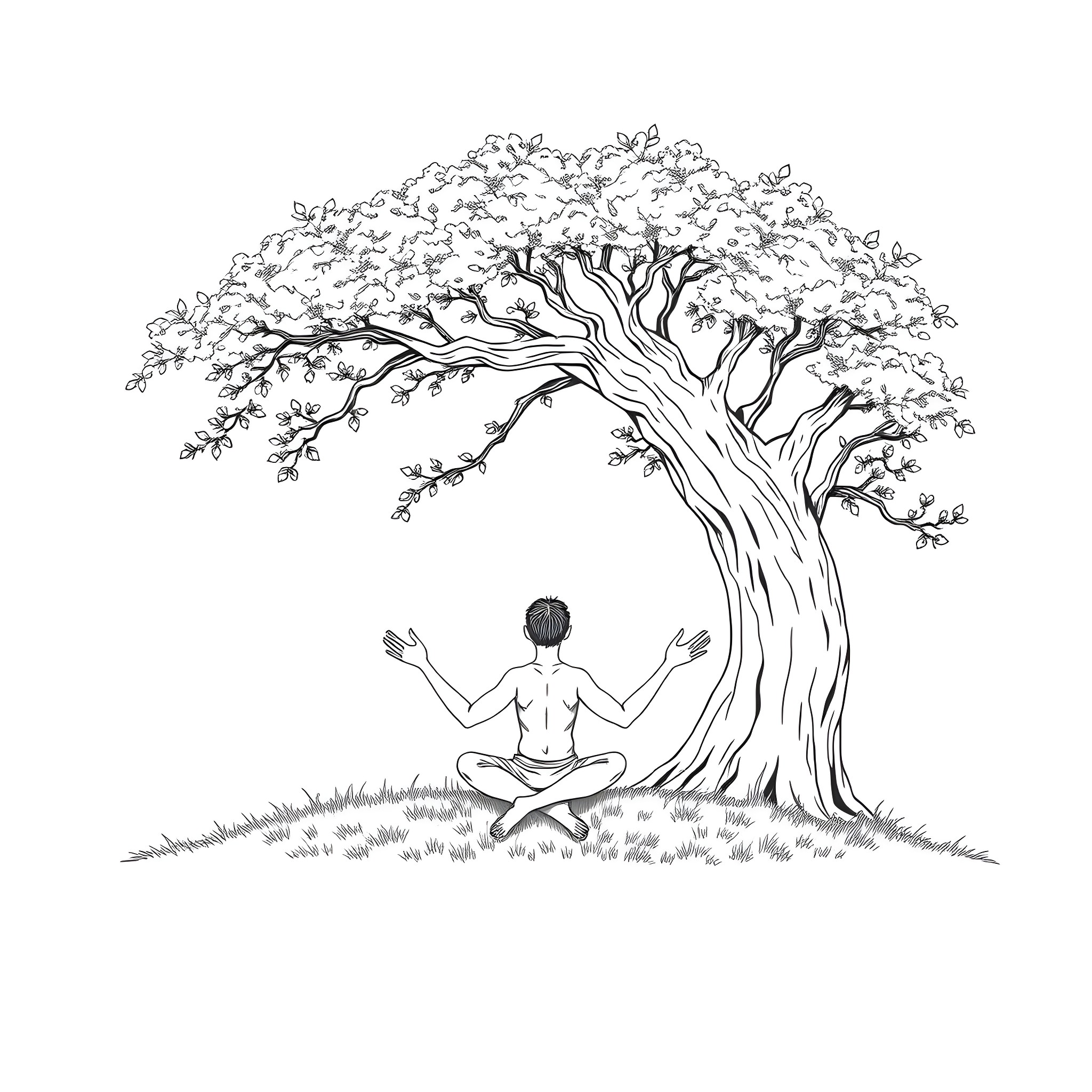 Peter meditates peacefully under the ancient tree Coloring Page (free black-and-white line drawing printable PDF for all, from beginners to advanced learners, including children, teens, adults, and seniors)
