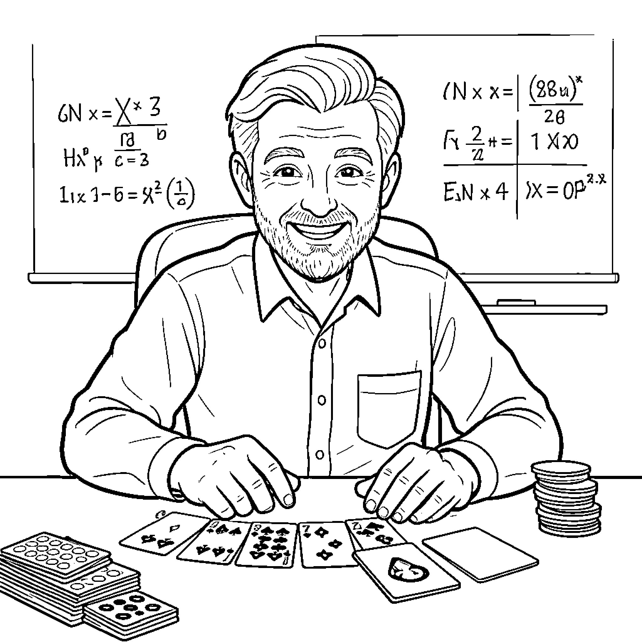 Mathematics Teacher Solving Equations and Engaging with Classroom Materials Coloring Page (free black-and-white line drawing printable PDF for all, from beginners to advanced learners, including children, teens, adults, and seniors)